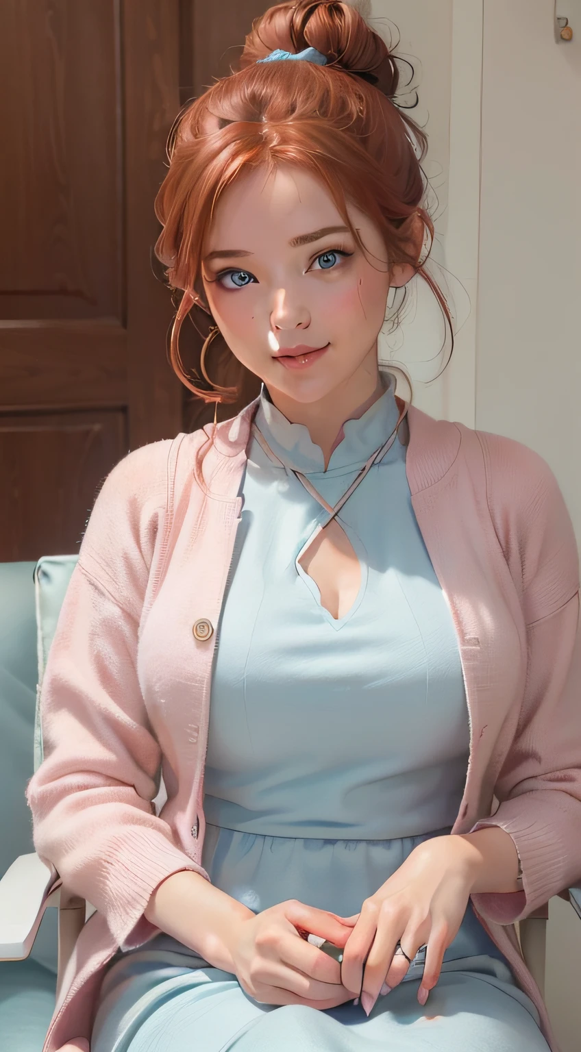 (caring, 6K, high resolution, photo-realistic:1.3), a compassionate doctor wrapped in a gentle pink duty coat, (kind blue eyes radiating empathy:1.2), (graceful auburn hair pulled into a professional bun:1.2), seated in a comforting consultation room, (soft colors and soothing decor creating a welcoming atmosphere:1.1), a cozy armchair and patient-friendly layout, (warm ambient light enhancing the room's warmth:1.1), (gentle smile conveying genuine care:1.1), (Canon EOS 5D Mark IV camera, ideal for capturing emotional depth:1.2), (paired with a Canon EF 85mm f/1.4L IS USM lens:1.2), (capturing her compassion with precision:1.1), (emphasizing the comforting medical environment:1.1), (highlighting her nurturing and empathetic presence:1.1), (the image evoking a sense of compassion and trust:1.1)