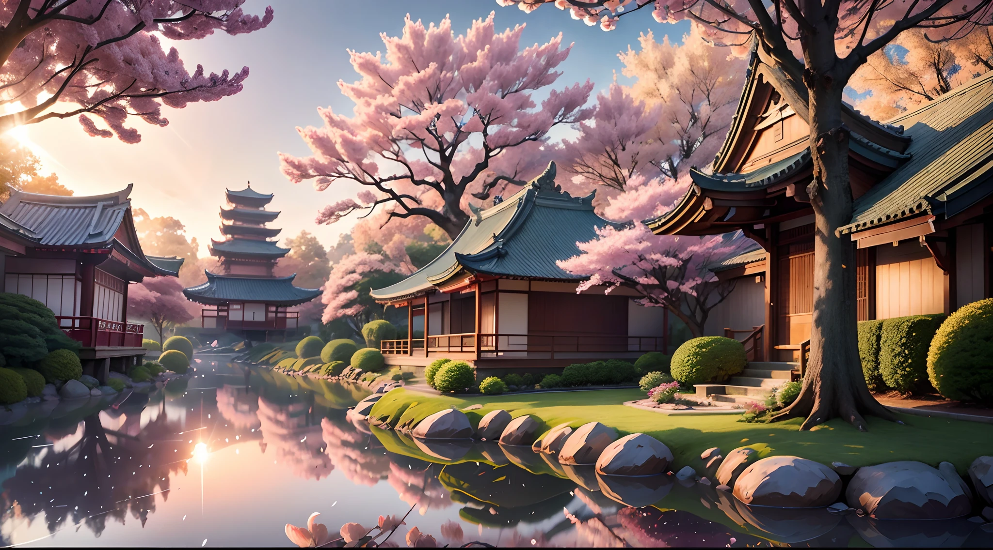 Sakura trees Garden, Sakura droplets falling from tree, Sunrise 8k, Sun glare 8k, gloom 8k, bloom 8k, Sun flare 8k, Japanese style temple in middle of the Garden, ultra sharp 8k res, more detailed scene, cinematic scene, Beautiful scene, Chill vibes, intercepted details, Traditional art, cool breeze flowing, depth of field high, Graphics quality high, bloom high, people walking, crowd density high, textures quality ultra high