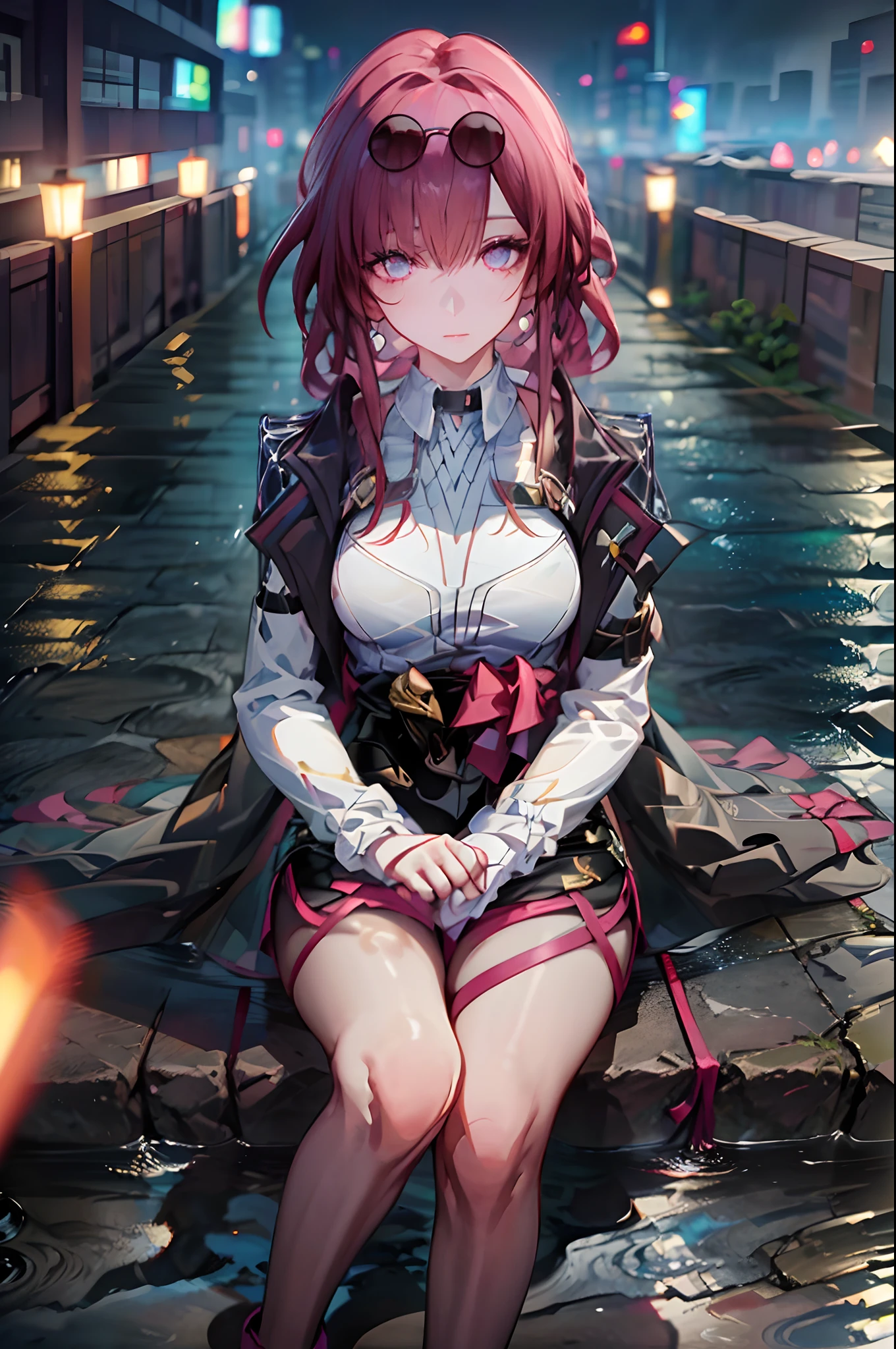 (Masterpiece, 4K, 8K, ultra hires, The is very detailed, good shadow, Good light, deepshadow, unreal, high resolution, Ultra detailed, Best quality, 超高分辨率, Visually stunning, Beautiful, Award-winning art, Best quality, stunningly beautiful:1.2), 1girll, Official, Purple eyes, City, (rain), Detailed background, Girl focus, (Blurry crowds:1.2), Crossroads, (From above:1.4), Realistic, Photo, MIDJOURNEY