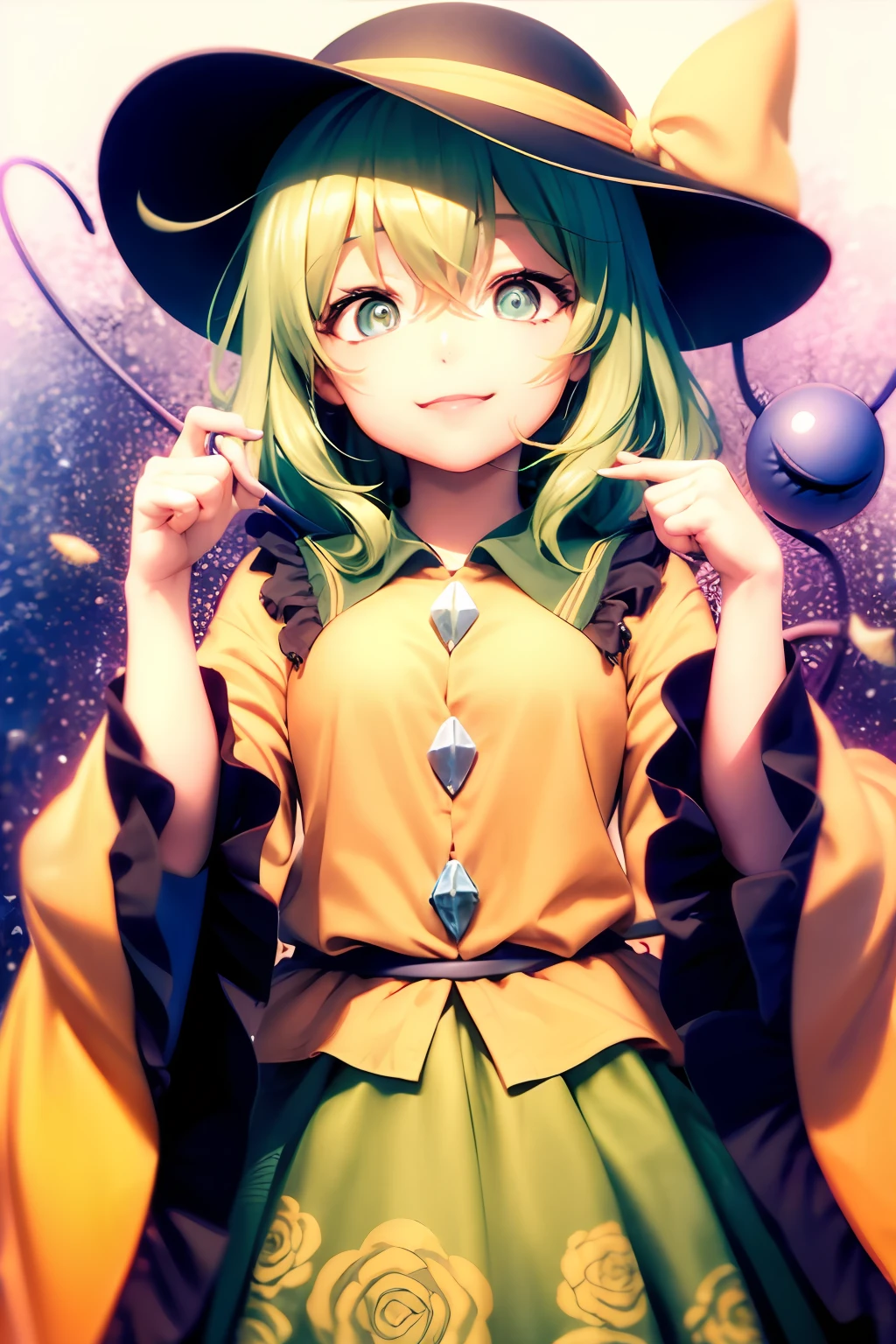 masutepiece, Best Quality,  1girl in,Smile,komeiji koishi, hat,hat bow,Green hair,Green eyes,symbol-shaped pupils,Yellow shirt,Green skirt,3rd eye,Long sleeves, Wide sleeves, with floral pattern, eyeballs,greybackground,fullnude