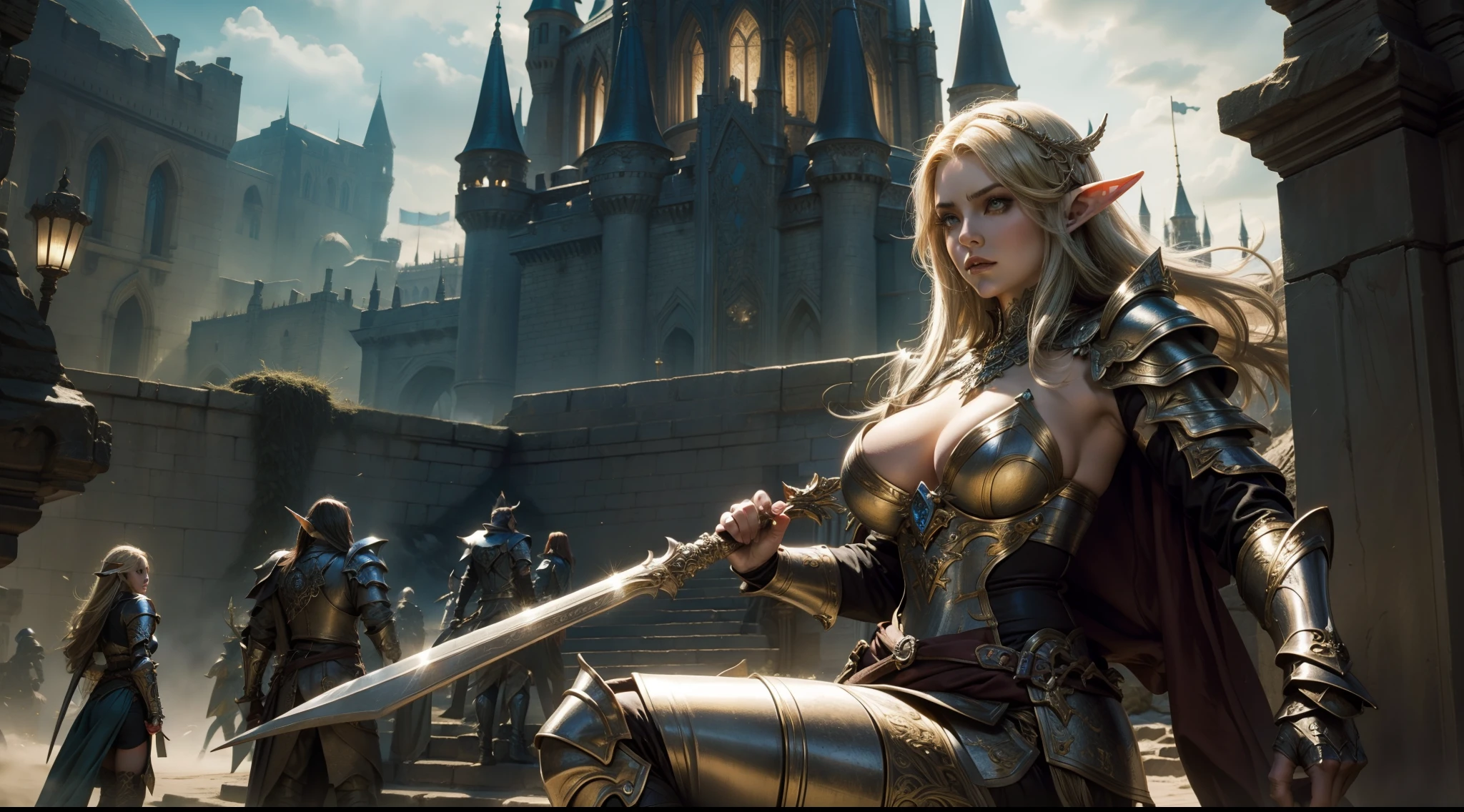 Female elf,Large breasts,Gorgeous armor,dramatics,dynamicposes,The background is the castle