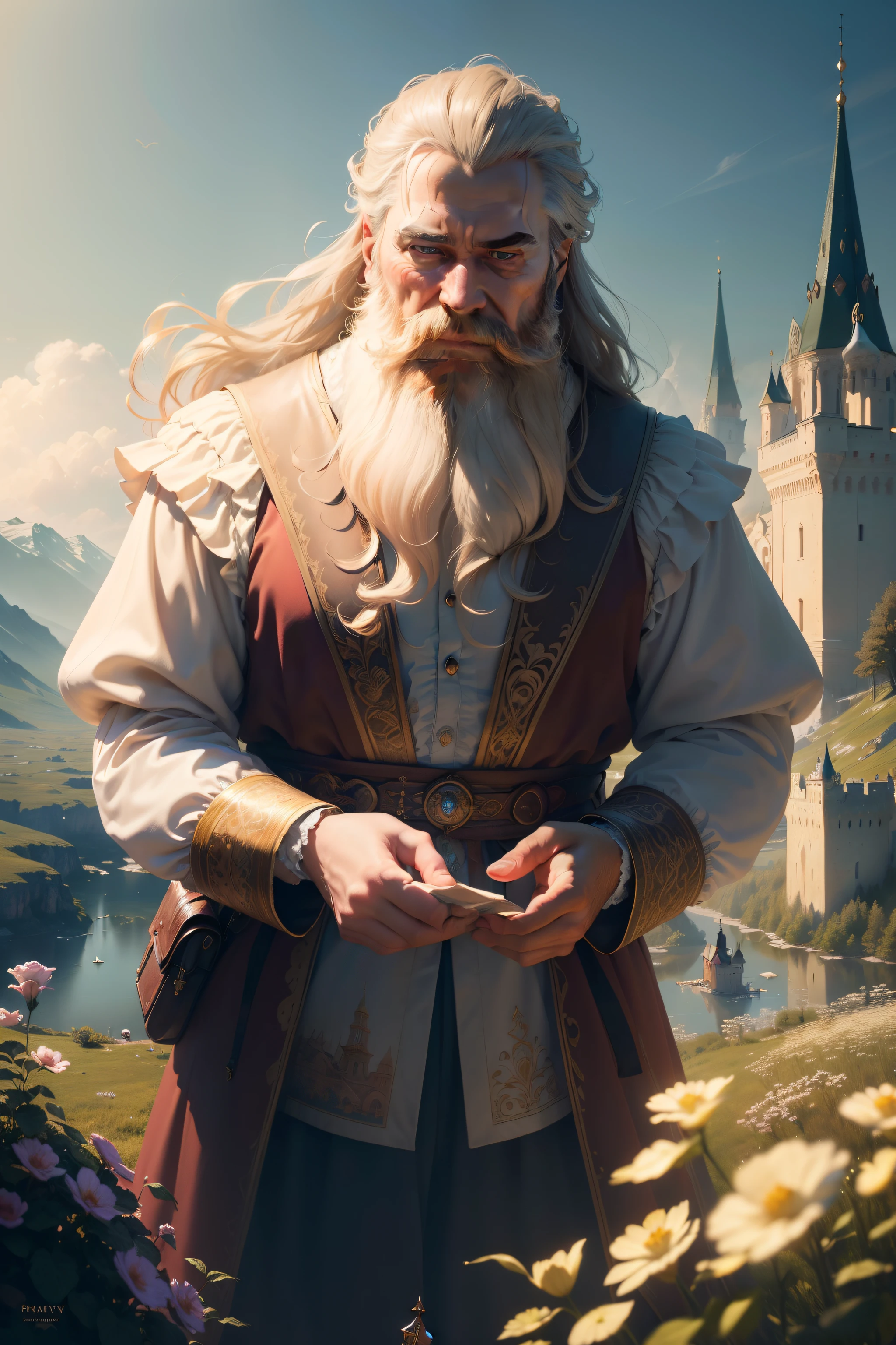(Masterpiece, Best Quality, A highly detailed, 8k обои, Beautiful and delicate, Floating, beautiful landscape, Dynamic perspective, Fairytale atmosphere, Magic colors, soft-lighting, Beautiful textures, painterly), Landscape of Russia, Tramp, long beard, adventures, detachment from the world.