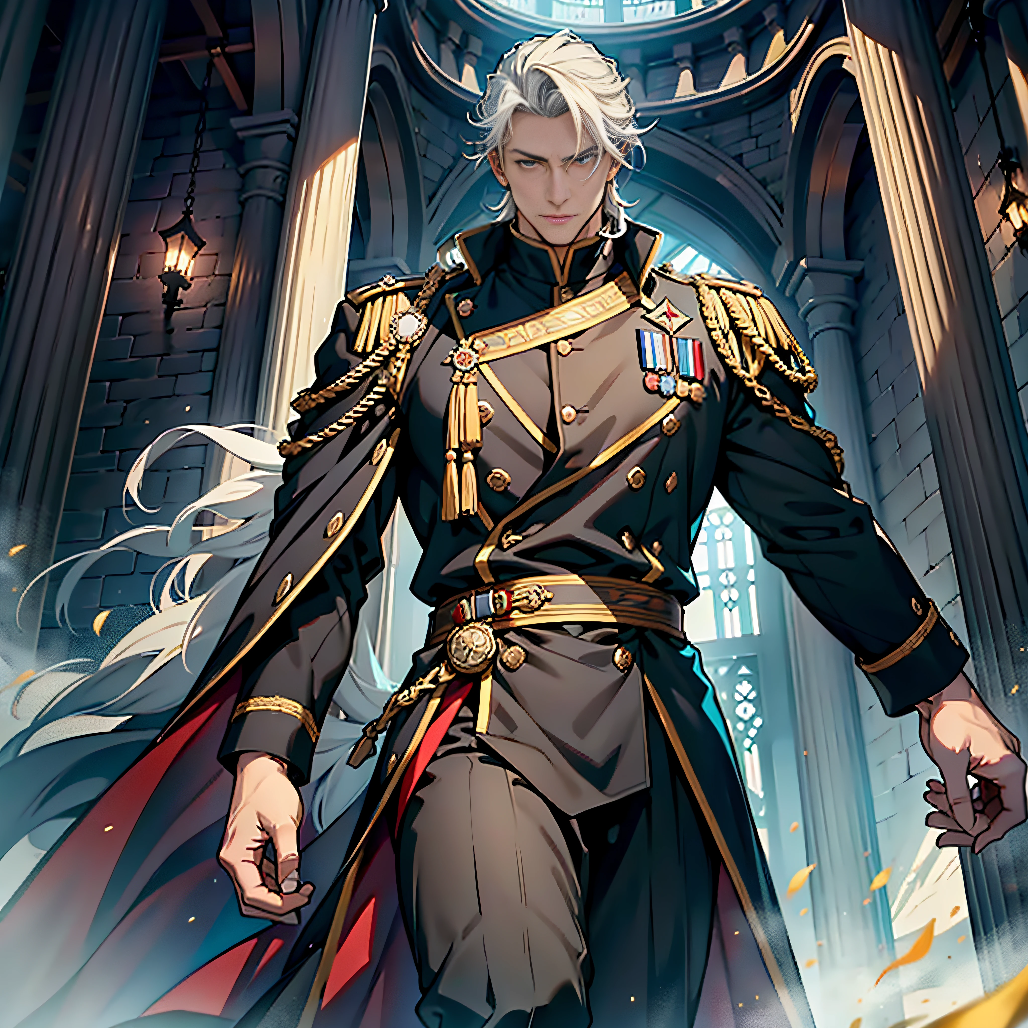 (absurderes、hight resolution、ultra-detailliert)、1male people、Adults、a handsome、tall muscular man、broad shoulder、Detailed eyes and detailed face、Aristocratic clothing、Mystical lighting、Ethereal Atmosphere、Gut Style、low angles、Your Highness、prinz、The upper part of the body、Composition in motion、校服、medieval times、Ocean wind、Black Uniform、coat、military outfits、Military uniforms、 nobles, elegent, Proper, 、high-level image quality、composition seen from below、leggy、The king、Angle of pull、ornamented、
