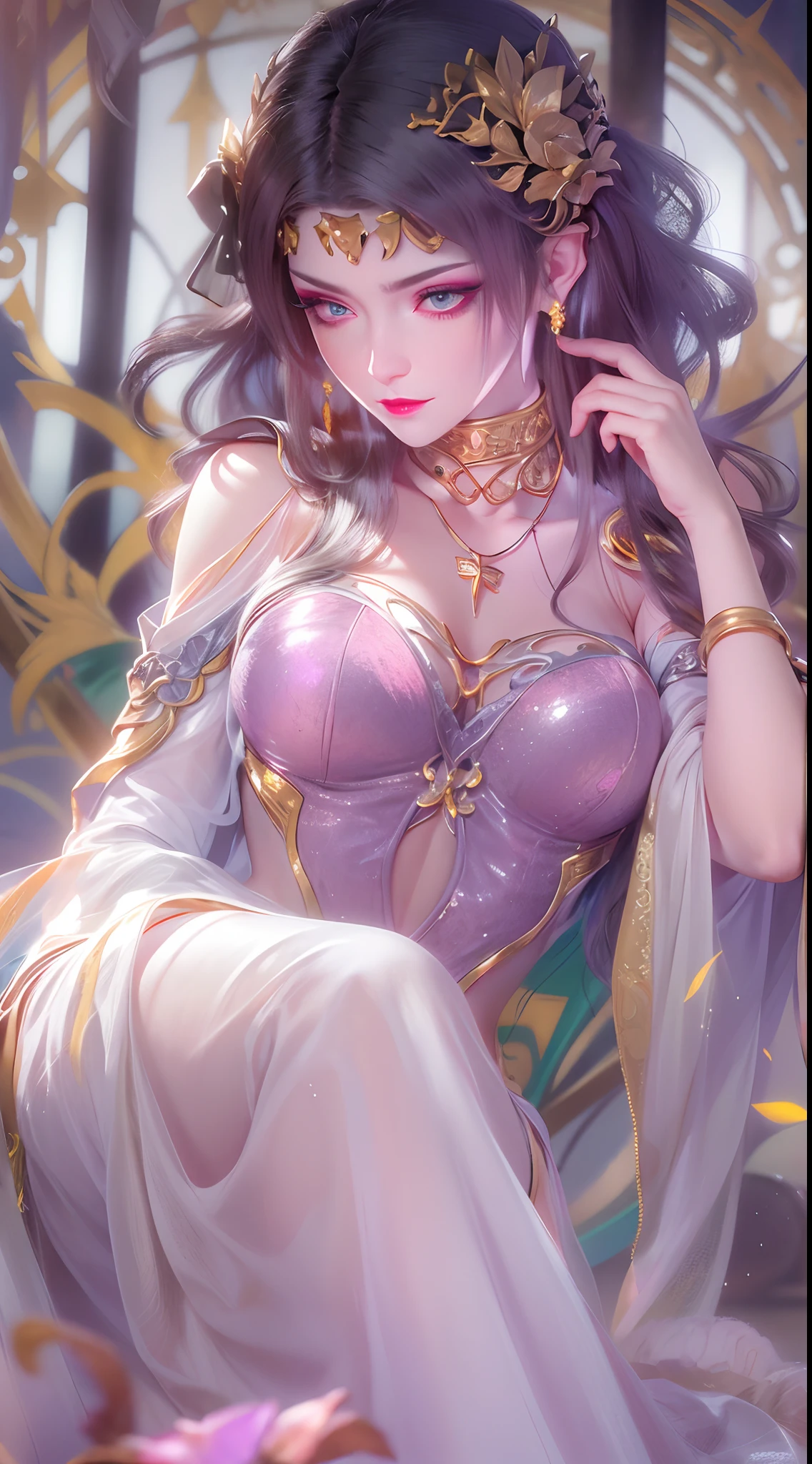 1 20 year old girl, 1 goddess Athena, pink purple silk dress, beautiful goddess Athena face without blemishes, delicate yellow nightgown, long thin sequin nightgown with many sexy black lace details, 1 beautiful thin red silk cloth half veil, female saint legend, female saint icon, beautiful goddess style glitter, dark and mysterious version, vermilion lips, plump red lips, not smiling, mouth closed, delicate and beautiful pino detailing, delicate and beautiful lip detail, , (pure and flawless face: 1.9), female saint body, round chest, big and round breasts, phoenix brooch, long flat bangs, (black long hair: 1.9), flower stickers tattoo on forehead, beautiful clear face and well-proportioned eyes, (light purple eyes: 1.8), (big round eyes and makeup, sexy wet eye makeup, very beautiful and meticulous hair makeup, long and delicate blonde hair, delicate, body image: 1.8), figure: and vivid, (stars that make up the sky: 1.7), (the sky of heaven and the fictitious gate of time and space: 1.8), fictional art, RAW photos, hanfu photos, best photos, high resolution, best quality, best photos, best goddess quality, 8k female, super 8 single saint portraits, truest color schemes, masterpieces, best beauty brands, best hair jewelry, brand real photo, dark studio, border light, two-tone lighting, (rose white skin: 1.4), (high skin detail: 1.1), 8k uhd, d slr, soft light, 8k, high quality, candid, volume Smooth and sharp, 10x pixel increase, sexy goddess, sexy goddess, (background space: 1.8), (most beautiful aurora eyes: 1.7), beautiful eyes, aurora beautiful and flowery, (beautiful single girl: 1.8), (more details:0.8),