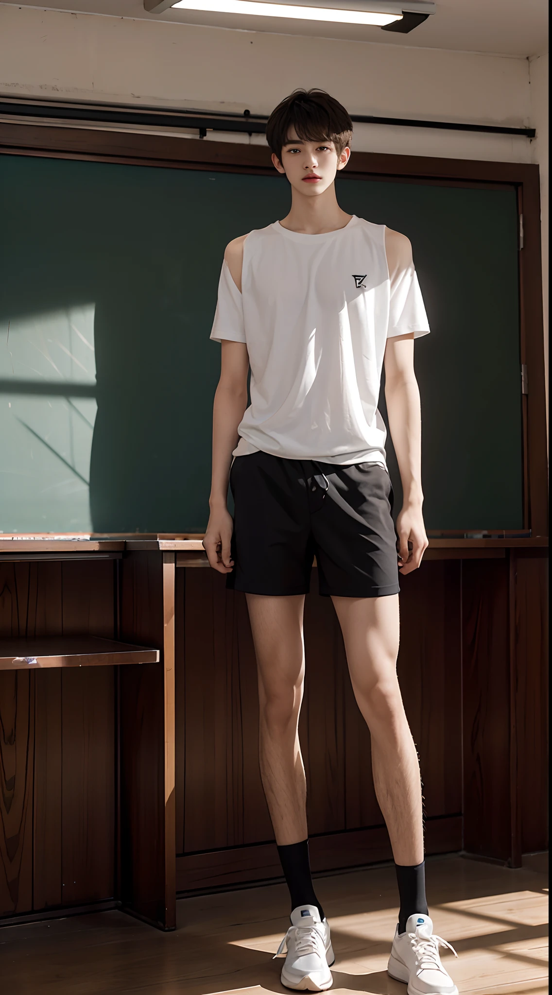 A 15-year-old junior high school boy stands in a classroom,Height 200 cm,der riese,Tall guy,broad shoulder,Shota,Round face and pointed chin,(The face of the animated male protagonist),White top,Messy bangs,Eyes widen,orthofacial,athletic sneakers。and the sun was shining brightly,Classroom,ultra-realistic realism, (Photorealistic detail), Incredible accuracy, lifelike textures, masterful technique, Jaw-dropping precision, artistic dedication,(anatomy correct),Good lighting,exquisite detailing,Best quality,stunning masterpiece,CG,(Colored screen)