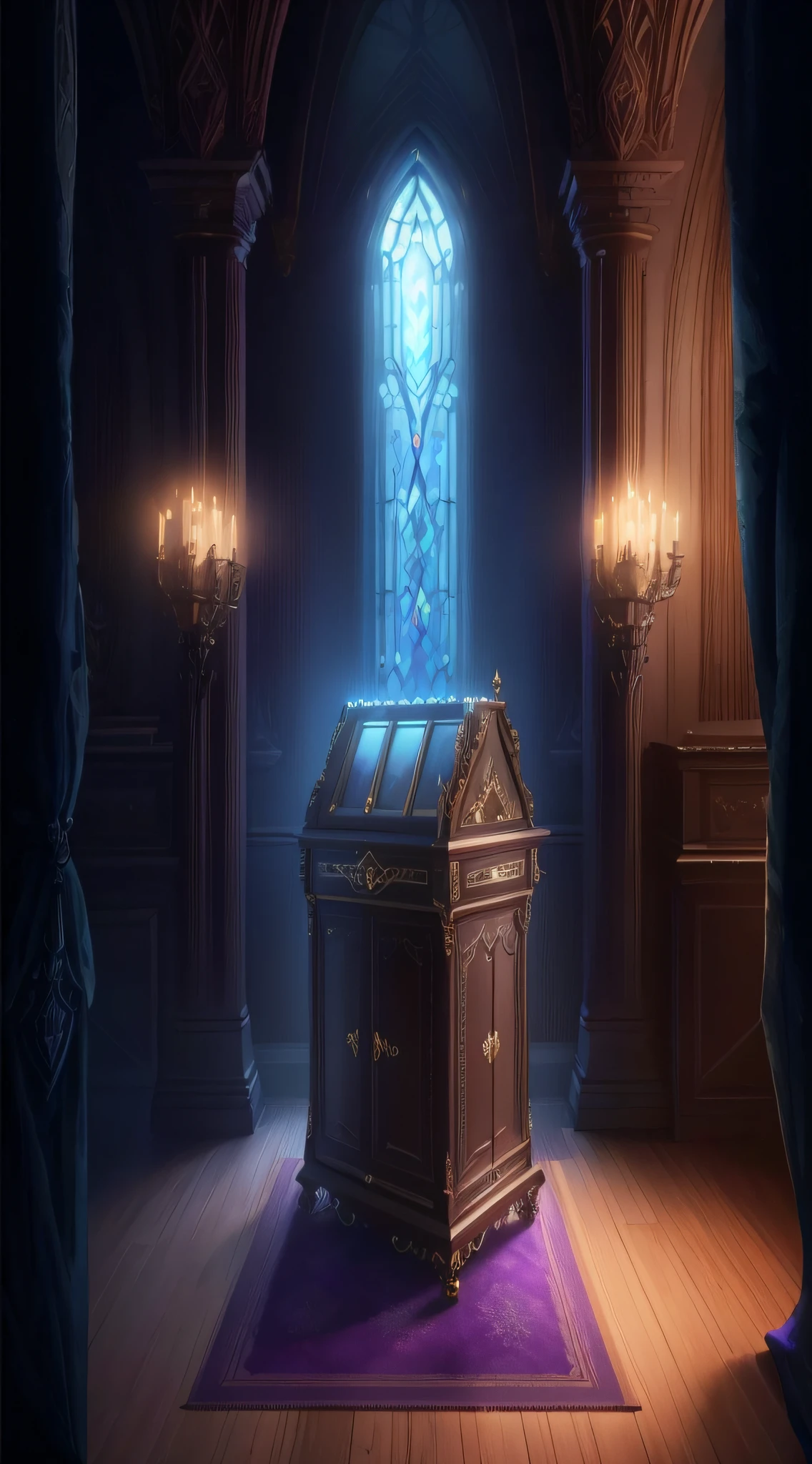 A large box was placed in a room covered with purple carpet, Artstation contest winner, Gothic epic library concept, Fantasy Victorian art, Fantasy art Behance, gothic epic library, concept art magical highlight, as seen on artstation, loot box, arte de fundo, collectible card art, background artwork, hearthstone concept art, trending on artstation”, Fantasy and concept art, chest