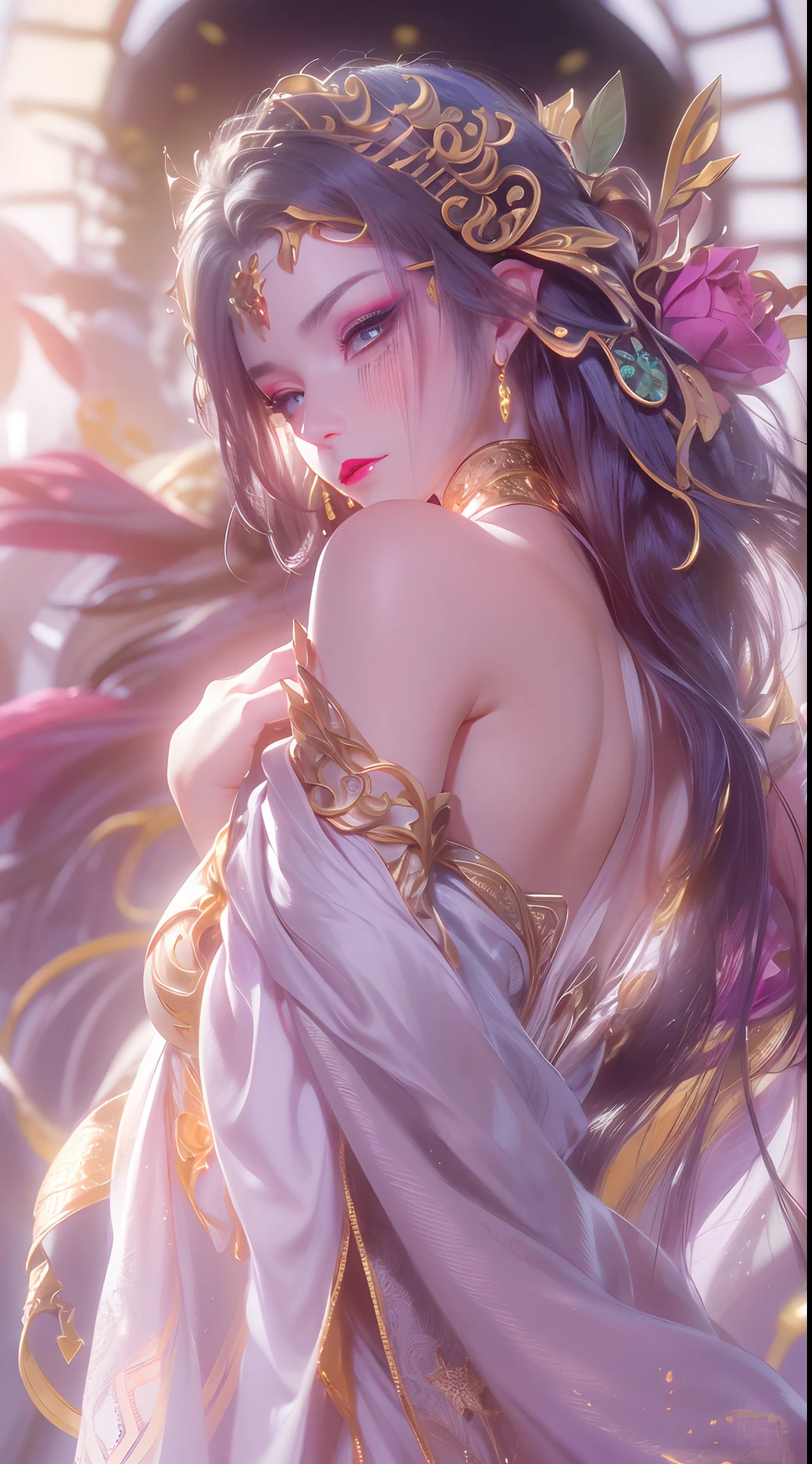 1 20 year old girl, 1 goddess Athena, pink purple silk dress, beautiful goddess Athena face without blemishes, delicate yellow nightgown, long thin sequin nightgown with many sexy black lace details, 1 beautiful thin red silk cloth half veil, female saint legend, female saint icon, beautiful goddess style glitter, dark and mysterious version, vermilion lips, plump red lips, not smiling, mouth closed, delicate and beautiful pino detailing, delicate and beautiful lip detail, , (pure and flawless face: 1.9), female saint body, round chest, big and round breasts, phoenix brooch, long flat bangs, (black long hair: 1.9), flower stickers tattoo on forehead, beautiful clear face and well-proportioned eyes, (light purple eyes: 1.8), (big round eyes and makeup, sexy wet eye makeup, very beautiful and meticulous hair makeup, long and delicate blonde hair, delicate, body image: 1.8), figure: and vivid, (stars that make up the sky: 1.7), (the sky of heaven and the fictitious gate of time and space: 1.8), fictional art, RAW photos, hanfu photos, best photos, high resolution, best quality, best photos, best goddess quality, 8k female, super 8 single saint portraits, truest color schemes, masterpieces, best beauty brands, best hair jewelry, brand real photo, dark studio, border light, two-tone lighting, (rose white skin: 1.4), (high skin detail: 1.1), 8k uhd, d slr, soft light, 8k, high quality, candid, volume Smooth and sharp, 10x pixel increase, sexy goddess, sexy goddess, (background space: 1.8), (most beautiful aurora eyes: 1.7), beautiful eyes, aurora beautiful and flowery, (beautiful single girl: 1.8), (more details:0.8),