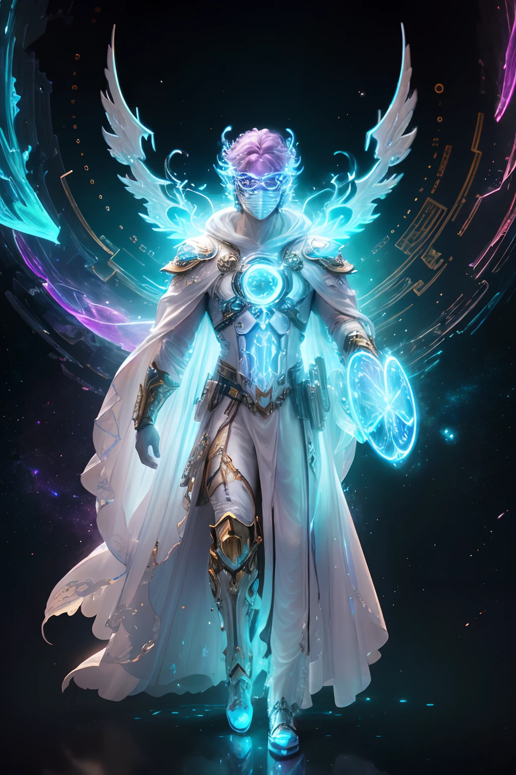 (8k), 8K Ultra Resolution, Stunning Illustration of a Splendid Celestial, Galactic Fragmentation, Ethereal Hero, Warrior Prince, (Cyberpunk Transparent Mask: 1.3), Cosmic Glasses (Time Machine in Your Hand: 1.7), Flowing Luminous White Robe , celestial explorer emerging from a portal, (ultra-detailed masterpiece: 1.7) cinematic lighting