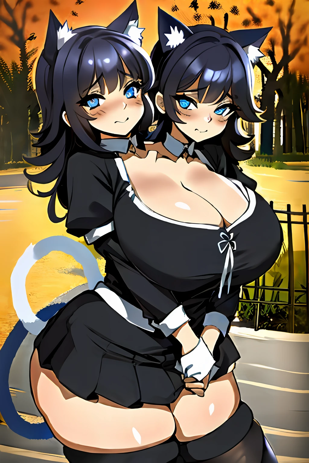 2heads, a short fat woman with 2 heads. She has extremely massive breasts. She is a cat girl. She has cat ears. She has a cat tail. She looks playful and seductive. She is blushing. She has big fat breasts. She is a slutty cat girl with enormous breasts. She outside in a park on a sunny day. She looks aroused. She has enormous fat tits. Her breasts are enormous. She is wearing a schoolgirl outfit.