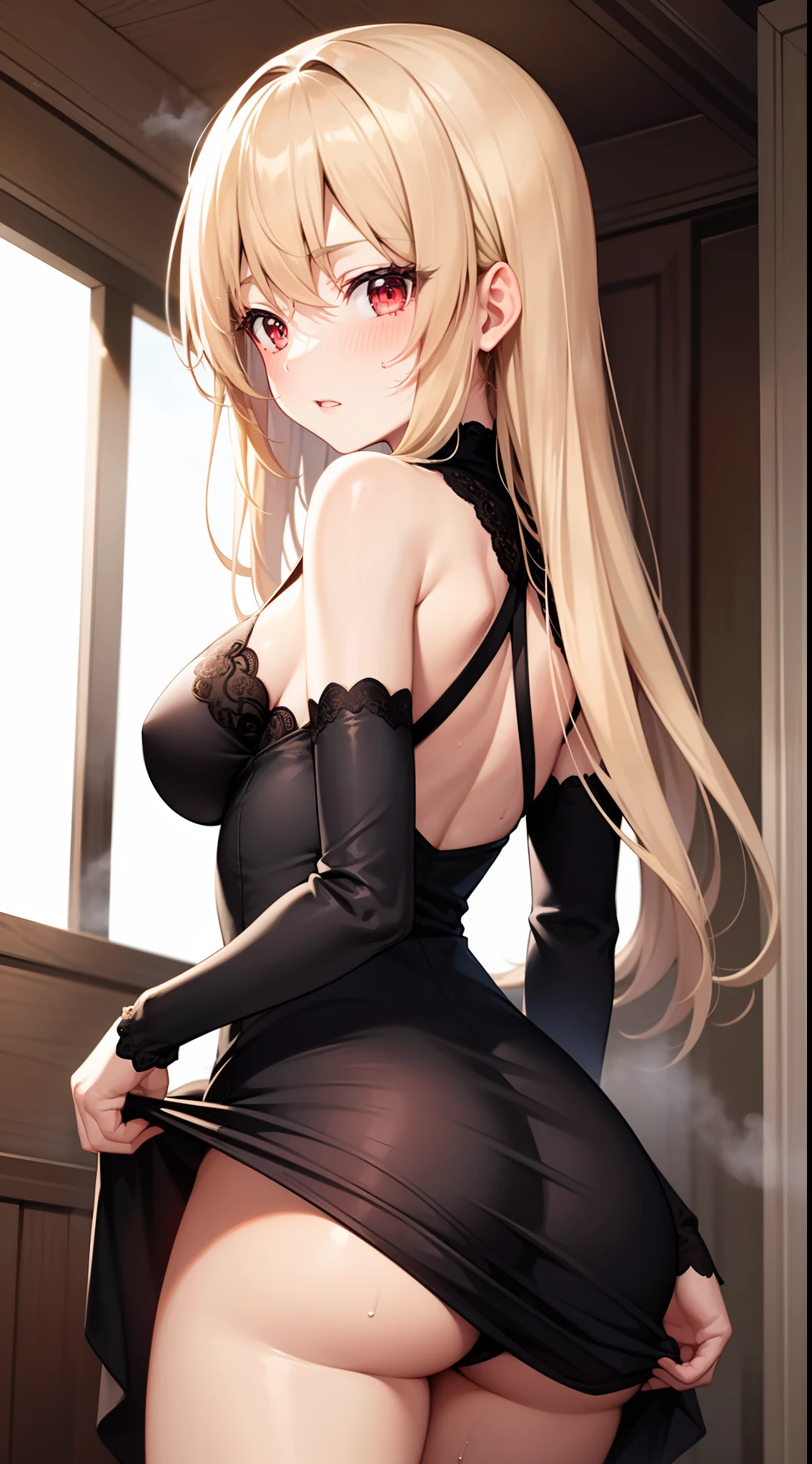 best quality ,masterpiece,solo,1girl,blond hair,red eyes,a dress with long sleeves,lift up the dress,panties,looking down,legs focus,blush,sweating,small lady serenity,big breasts,despise,steam,ass,back to the viewer,shoulder,side waist