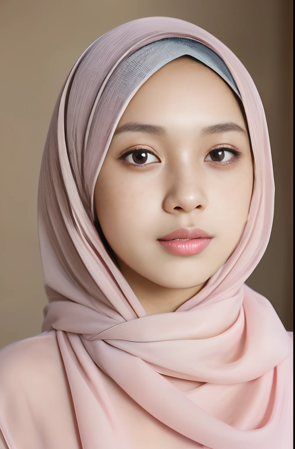 a photo portrait of a beautiful malay girl with hijab and few freckles, (plain pastel pink hijab), (medium shot portrait:1.3), dramatic light , Rembrandt lighting scheme, (hyperrealism:1.2), (8K UHD:1.2), (photorealistic:1.2), shot with Canon EOS 5D Mark IV, detailed face, detailed skin texture