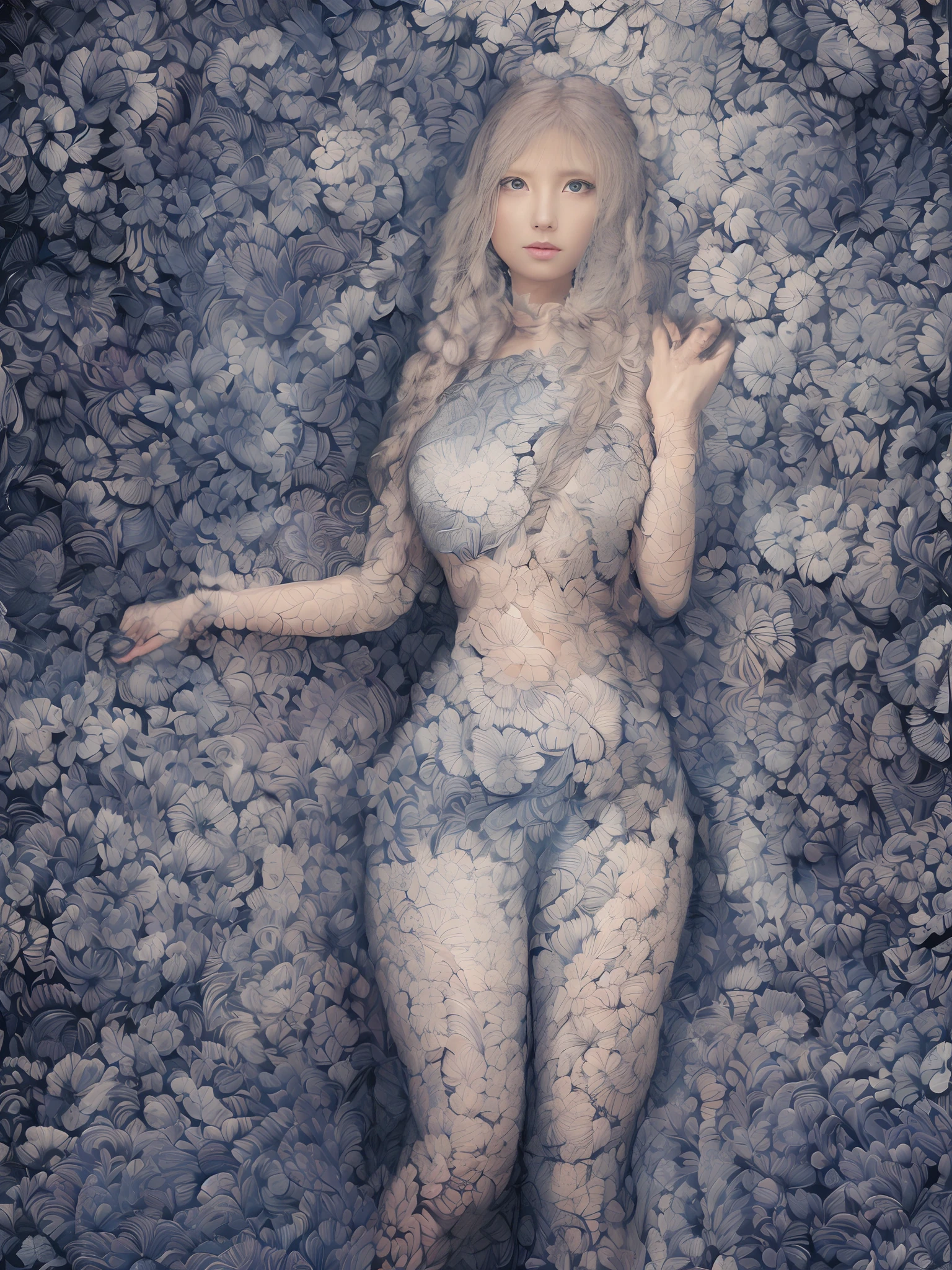 Draw a woman with long hair and a transparent body, karol bak uhd, perky woman made of petals, crystalline skin, with frozen flowers around her, female made of ice, Jana Brick Art, cloud goddess, blonde girl in a cosmic dress, ethereal skin, elegant lady with alabaster skin, humanoid flora, woman made of plants