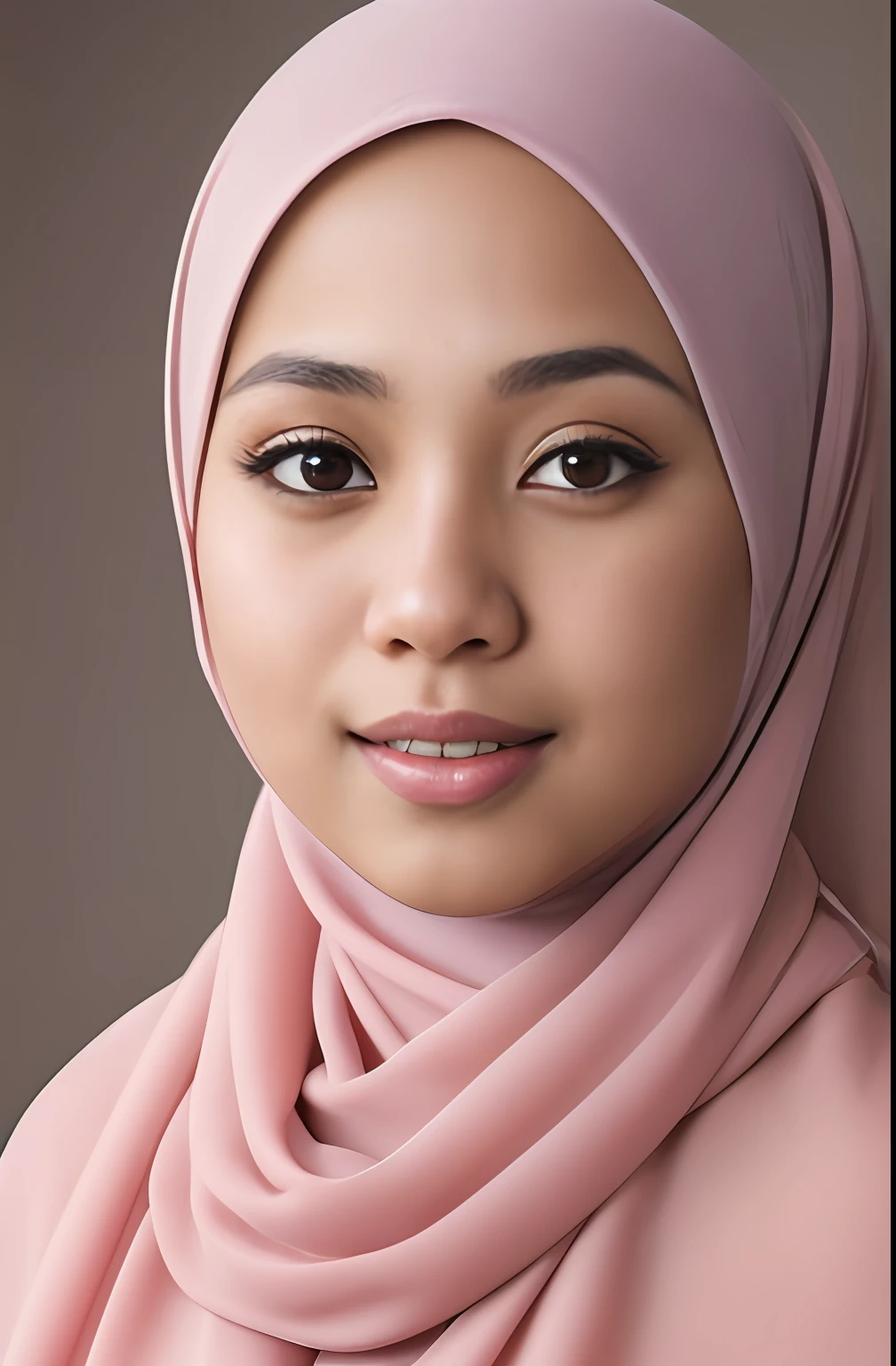 a photo portrait of a beautiful malay girl with hijab and few freckles, (plain pastel pink hijab), (medium shot portrait:1.3), dramatic light , Rembrandt lighting scheme, (hyperrealism:1.2), (8K UHD:1.2), (photorealistic:1.2), shot with Canon EOS 5D Mark IV, detailed face, detailed skin texture