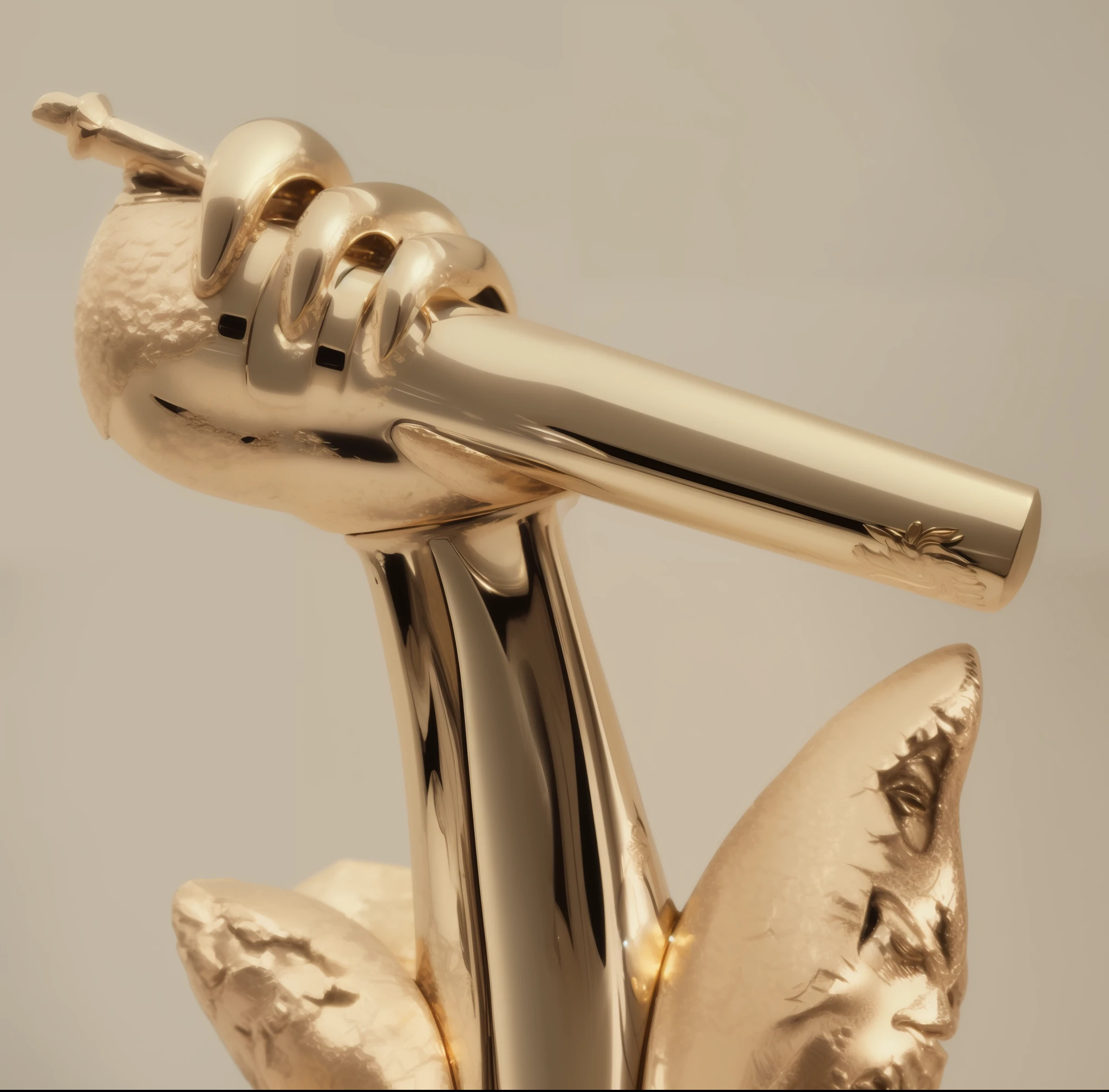Holding a golden microphone in his hand，Close view, close - up view, Close-up view, high angle close up shot, close up high detailed, high detail shot, Detailed artwork, sculpture made of gold, highly detailed carvings, Detailed picture, engraved highly detailed, closeup view, detailed close up shot, closeup view, detailed zoom photo