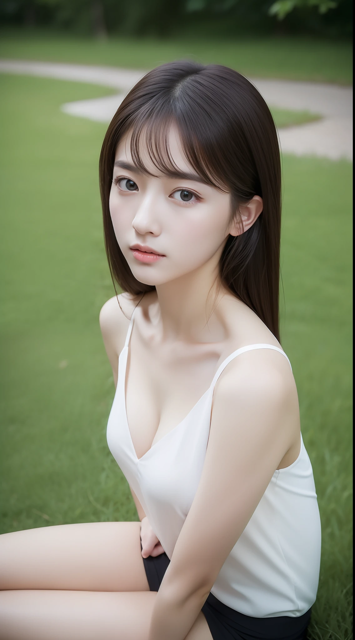 neat, petite, (long white silk camisole, white panties), outside the athletic field, (slim, small, flat, small), photorealistic, detail, skin texture, ultra detail, delicate sexy collarbone, super detailed face, detailed lips, detailed eyes, double eyelids, 10 year old girl