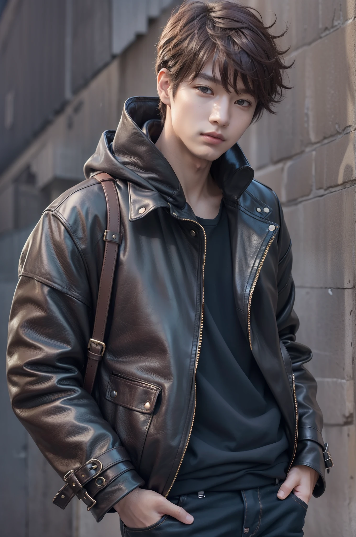 masutepiece, of the highest quality, High Definition)), (Photorealistic,Speciality: 1.4),autumnal/Hair catalog magazine portrait of 20 year old Japan male idol in winter casual style. Wearing Zara's black leather jacket, Gray hoodie, dark jeans, Dr. Black boots. Martens, And leather bracelets. The appearance is soft and fashionable. （Autumn hairstyle/Winters. Curta, Medium Hold, The appearance of curly texture,Light brown hair color ：1.2）,Reflects an energetic and stylish personality.