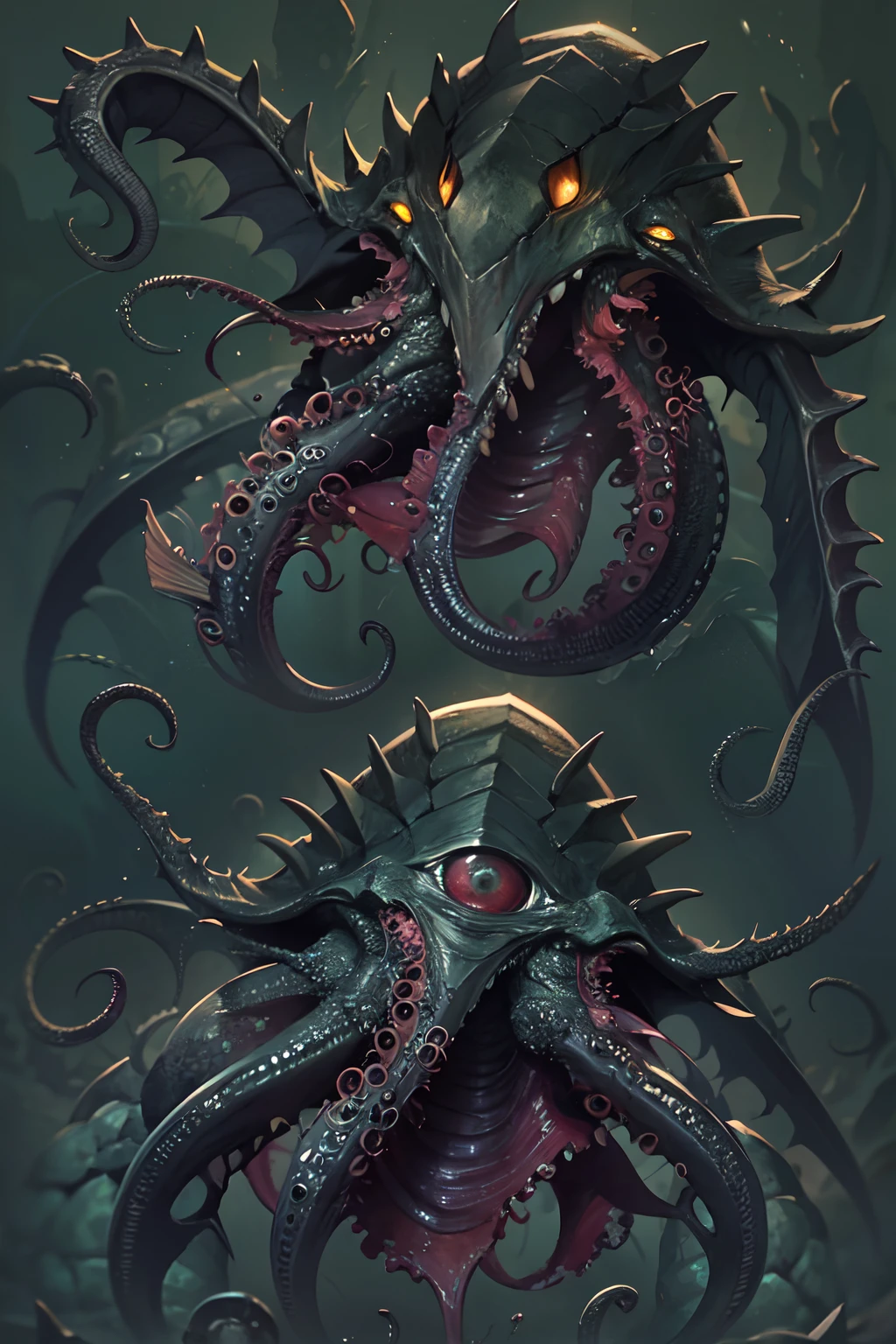 8K, Super detail, ccurate, Best quality, Masterpiece, Super detail, High details, High quality, Best quality, A high resolution
,nigth,darkly,raiden,Cthulhu,Monster,Fish,tentaculata,The whole body is the eyeball,Black seawater,Recife,swell sea