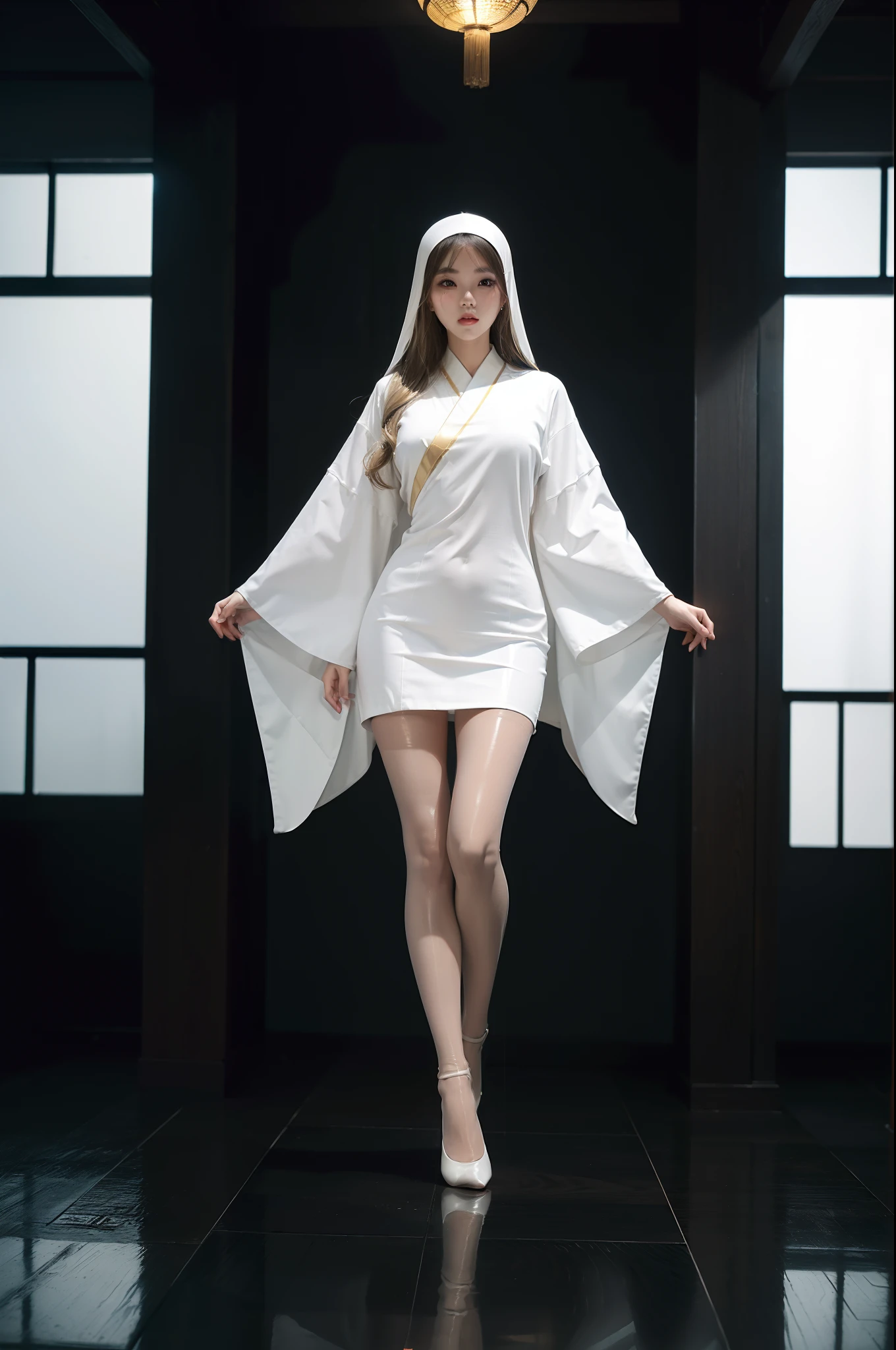 (full body:2),(1girl:1.3),(view the viewer:1.4),(anatomy correct:1.4),(pantyhose and pointed thick heels :1.3),(Dancing in the living room:1.2),(Japanese Nun suit:1.3),(Extra Long blonde Hair:1.2),(Accurate and perfect face:1.3),(Long legs and big feet:1.3),((((Skin reflection , Skin Gloss))):1.2),hyper HD, Ray traching, reflective light, structurally correct, Award-Awarded, high detail, lighten shade contrast, Face lighting ,cinematic lighting, masterpiece, super detailing, high quality, high detail, best quality, 16k,High contrast,