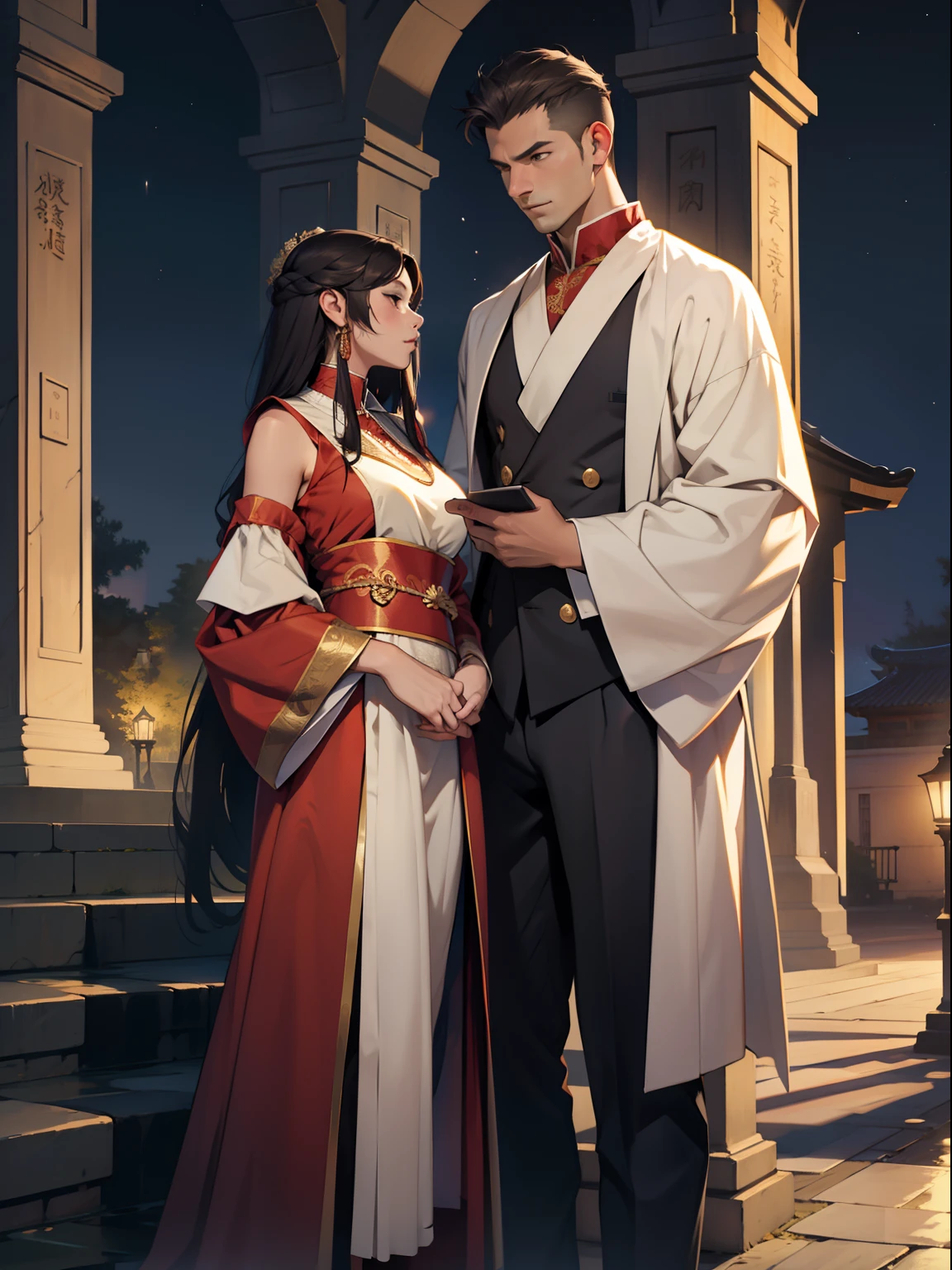 A young man with a cold expression on his face and a beautiful girl with an extremely proportioned figure, dressed in Chinese black ancient clothing, both holding daggers and covered in blood, holding hands and standing on top of the ruins