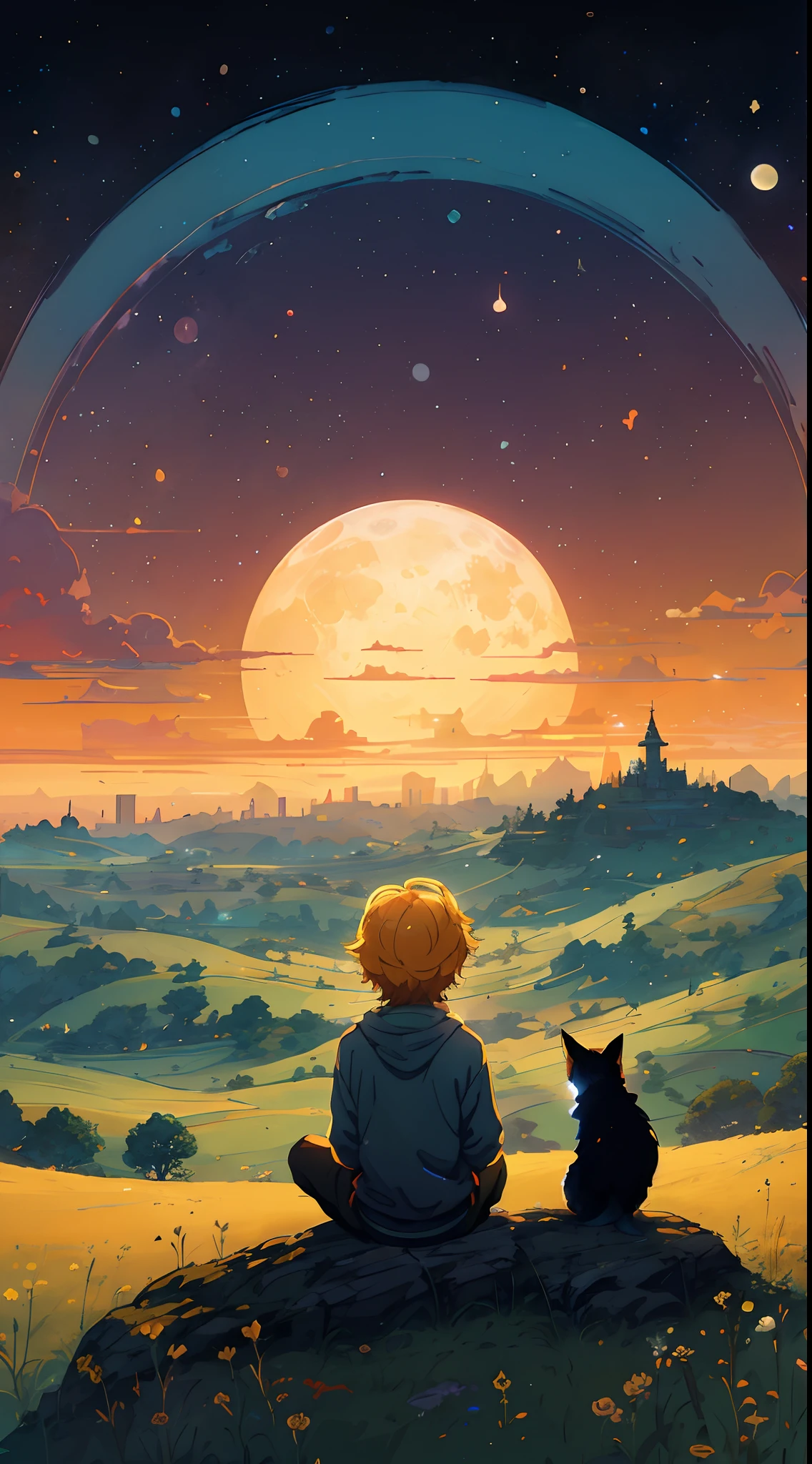 there is a boy sitting on a rock with a ((fox)) watching the moon, beeple and jeremiah ketner, background artwork, cyril rolando and goro fujita, inspired by Cyril Rolando, makoto shinkai cyril rolando, cyril rolando and m. w kaluta, cyril rolando and m.w kaluta, amazing wallpaper, extremely details