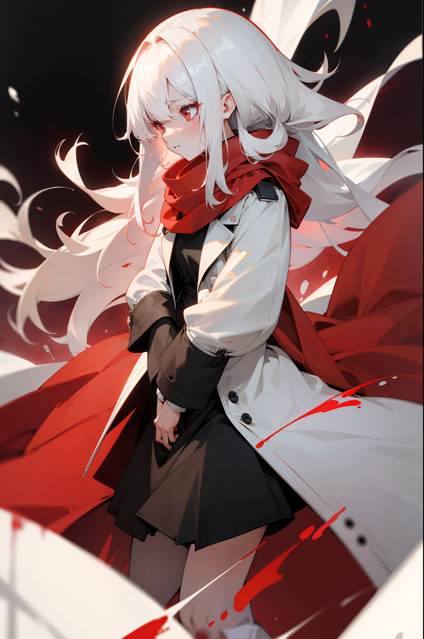 girl,red color eyes,long white hair,Black shirt,White trench coat,Wide sleeves,Red scarf,style of anime,Cuts all over the body,blood stain,Battle damage,gasps,vomit blood