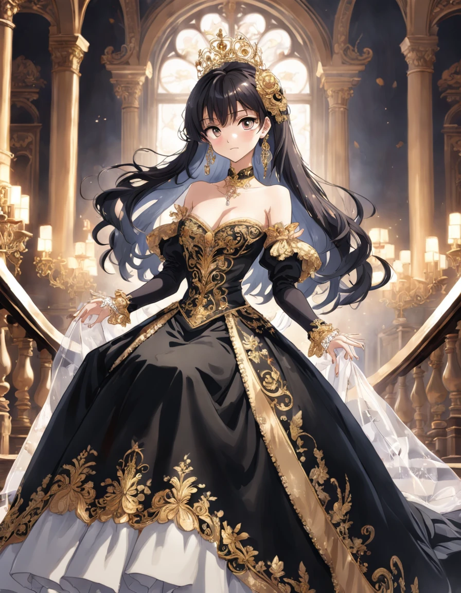 ((anime artstyle)),(Masterpiece),(Best Quality),(Super Detail),(Very Delicate and Beautiful),Solo,(((full body))),from above,BlingBling,(standing in the royal palace),((1 arrogant princess in beautiful embroidery black and gold gorgeous rococo ballgown with voluminous full length hoop skirt)),(crinoline),gorgeousfull embroidery,Long train,((arrogant,haughty)),(((arrogant smile))),Sharp eyes,(gorgeous gemstone jewelry),detailed face and eyes,jewel-like eyes,Purple eyes,(Bangs between eyes),((large amount of straight hair,extremely Long voluminous black Hair)),((gigantic tits,Long tits)),gorgeousfull embroidery,cleavage,extremely gorgeousfull hair ornament,(bling-bling extremely gorgeousfull jeweled tiara),gorgeous corsage,(Dynamic Angle),Looking at viewer,(((full body))),((beautiful embroidery black and gold gorgeous rococo ballgown with voluminous full length hoop skirt))