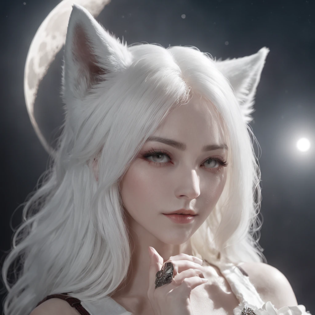 Anime character with white hair and white wolf before the full moon, fantasy fox love, White-haired fox, white fox anime, Anime fantasy illustration, White fox, art of silverfox,Best quality, Masterpiece, 超高分辨率, (photograph realistic:1.4), ultra-realistic realism, Dream-like,fusionart, Shadowdancer, shadow magic, darkness control, stealth, shadowstep, umbral spells,