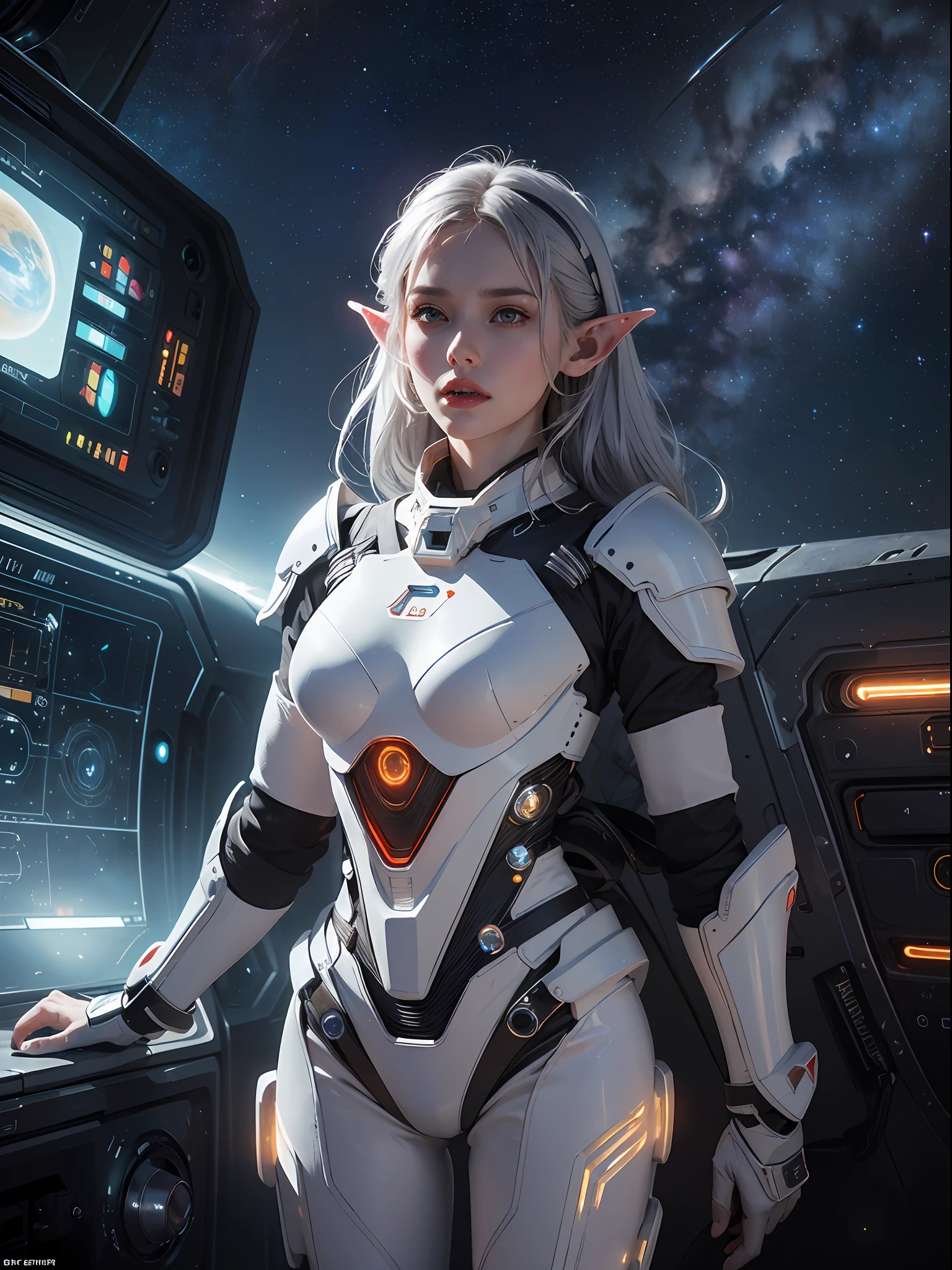 Unbeatable masterpiece, Ultra photo realsisim, Perfect artwork, Intricate details, Best quality, Strong light,High contrast, (an extremelydelicate and beautiful) , cinematic lighting .volume lighting , ADDBASE (elf:1.2) , (agirl:1.2) , [silver short hair:white hair:1.2] ,(red eyes:1.2) , (silver white exoskeletonarmor:1.5), ADDCOL (holding tools:1.2).(repairing spaceship:1.4), (whitespaceship:1.3) , (cosmic starry skybackground:1.4), (mechanicalcomponents:1.2) , (glowing lights:1.2), (futuristic atmosphere:1.4)