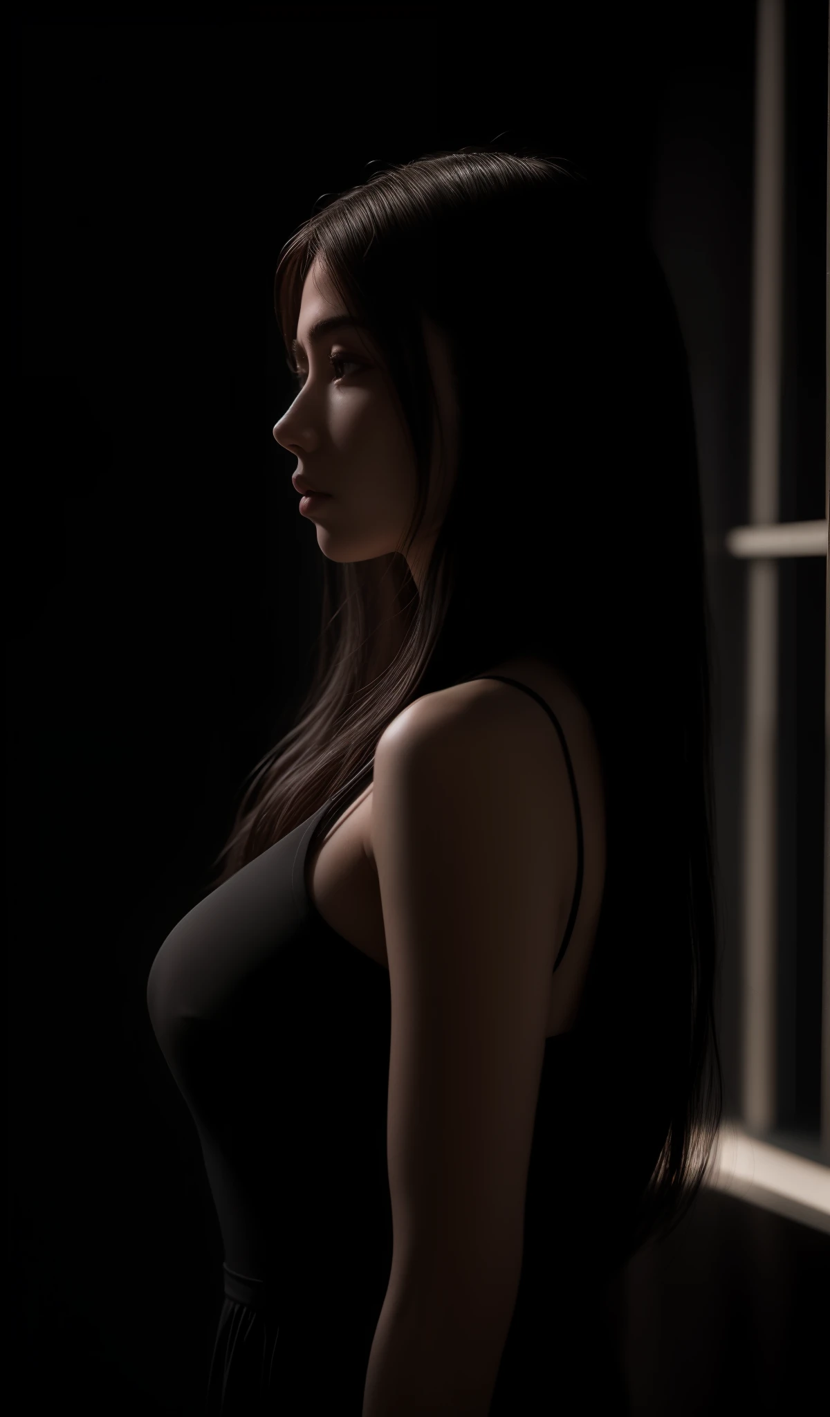 4k, realistic, cinematic, very detail, studio photography, light and shade shot, Low key photo, dark shot,20 yo girl , profile shot, shot by side, extreamly dark, Silhouette with rim light, long hair, hair light, 25 years old, white skin, full body, masterpiece, photorealism, soft light, rim light.