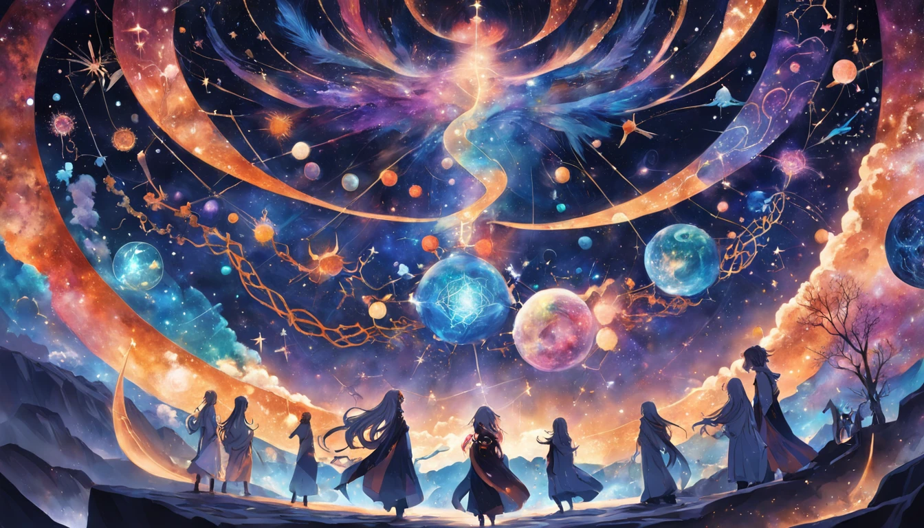 Craft an intricate artwork of interconnected constellations, each representing a different culture and civilization from across the universe. The constellations weave stories of unity and diversity in the cosmic realm