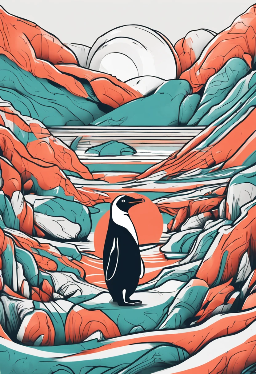 Draw friendly penguins with only two colors, With glasses, By the way to refer to the minimalist logo.