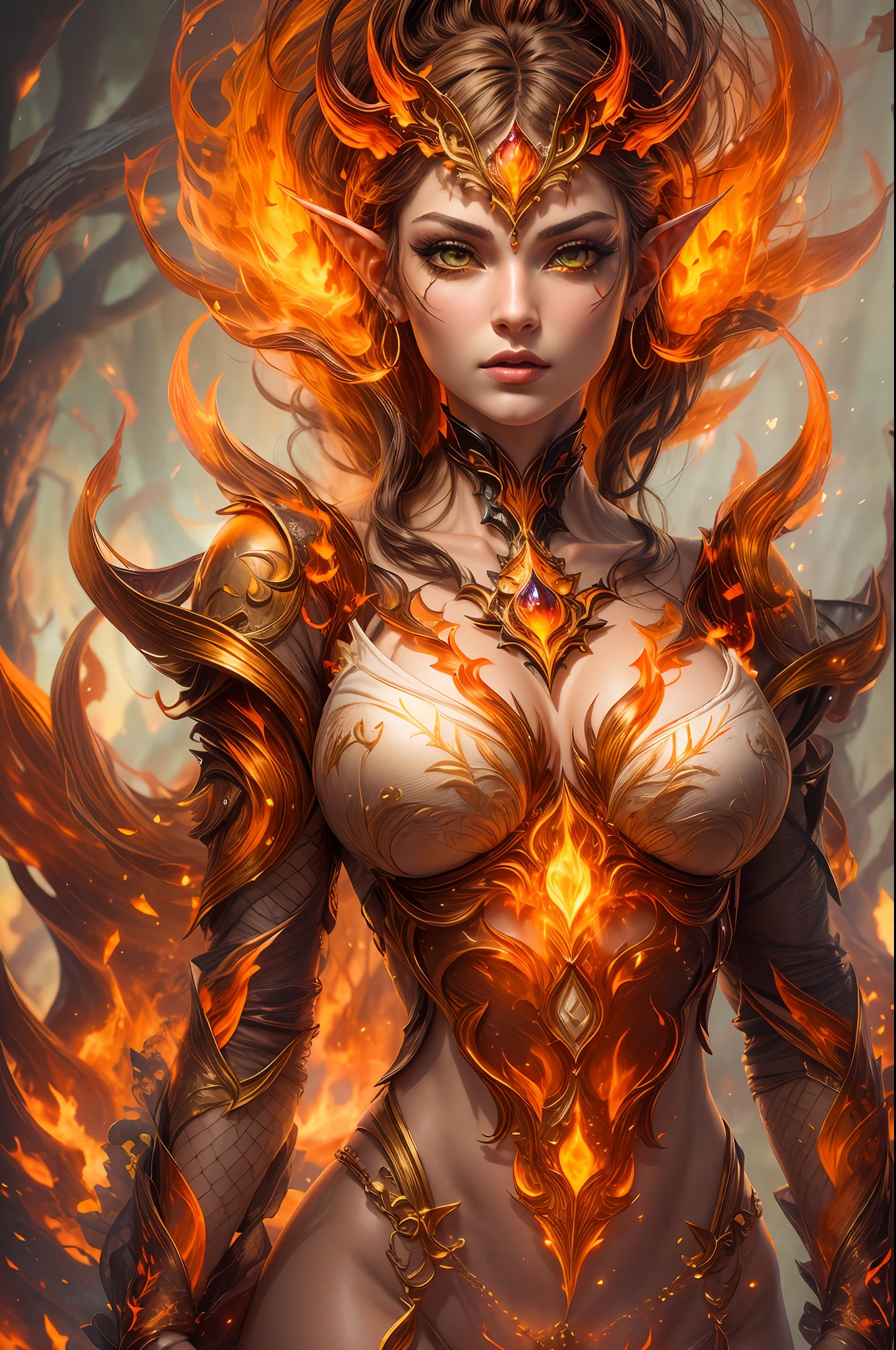 This (realistic fantasy) art contains embers, real flames, real heat, and realistic fire. Generate a masterpiece artwork of a petite female fire druid with large (((orange and gold))) eyes. The fire druid is awe-inspiring with beautiful ((realistic fiery eyes)) alight with confidence and power. Her features are elegant and well defined, with ((soft)) and (((puffy))) and (((smooth))) lips, elven bone structure, and realistic shading. Her eyes are important and should be the focal point of this artwork, with ((extremely realistic details, macro details, and shimmer.)) She is wearing a billowing and glittering gown ((made of realistic flames)) and jewels that glimmer in the fire light. Wisps of fire and smoke line the intricate bodice of the dress. Include bumps, stones, fiery iridescence, glowing embers, silk and satin and leather, an interesting background, and heavy fantasy elements. Camera: Utilize dynamic composition techniques to enhance the realistic flames.