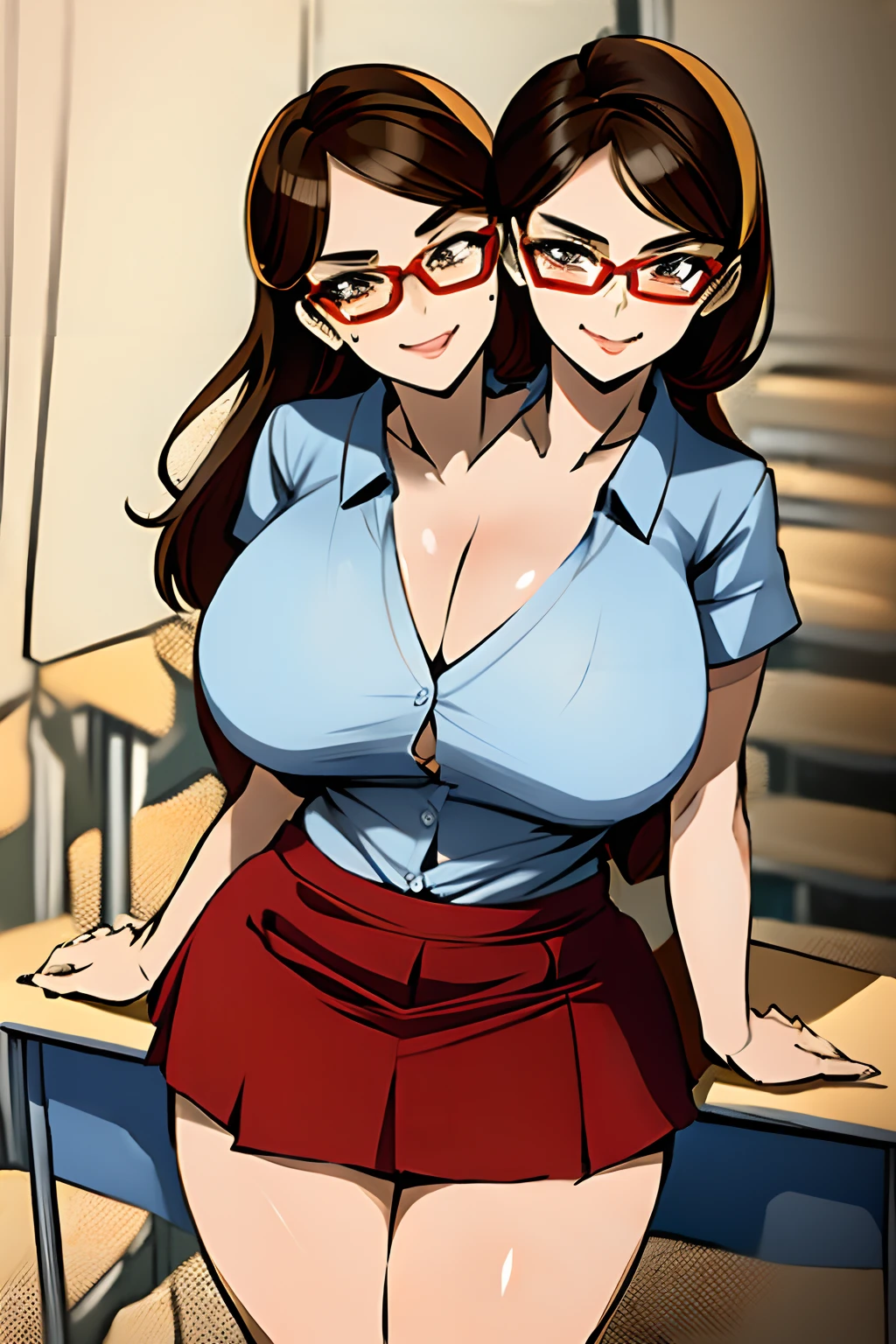 2heads, a short fat woman with 2 heads. She has extremely massive breasts. She is a teacher. She is wearing a tight white button-up shirt and tight red skirt. She is wearing glasses. She has dark blonde hair put up in a bun. She has massive breasts. She looks stern. She looks mature. She has a full figure. She has full lips. She looks seductive. She has gigantic breasts. She is in a classroom.