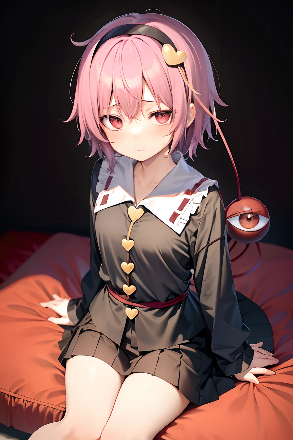 masutepiece, Best Quality,   Komeiji Satori, 1girl in, Skirt, Solo, Short hair, shairband, Pink hair, School uniform, Looking at Viewer, serafuku, heart mark, Long sleeves, Black skirt, alternate costume, 3rd eye, Pink eyes, Pleated skirt, PILLOWS, hair between eye, Shirt, black hairband, black serafuku, blush, Heart Hair Ornament, Black shirt, Bangs, Sailor collar, eyeballs, Simple background, Hair Ornament, mid-riff peak, Red Eyes, Miniskirt, black sailor collar, neckerchief, Lying, Sitting, Brown background、fullnude