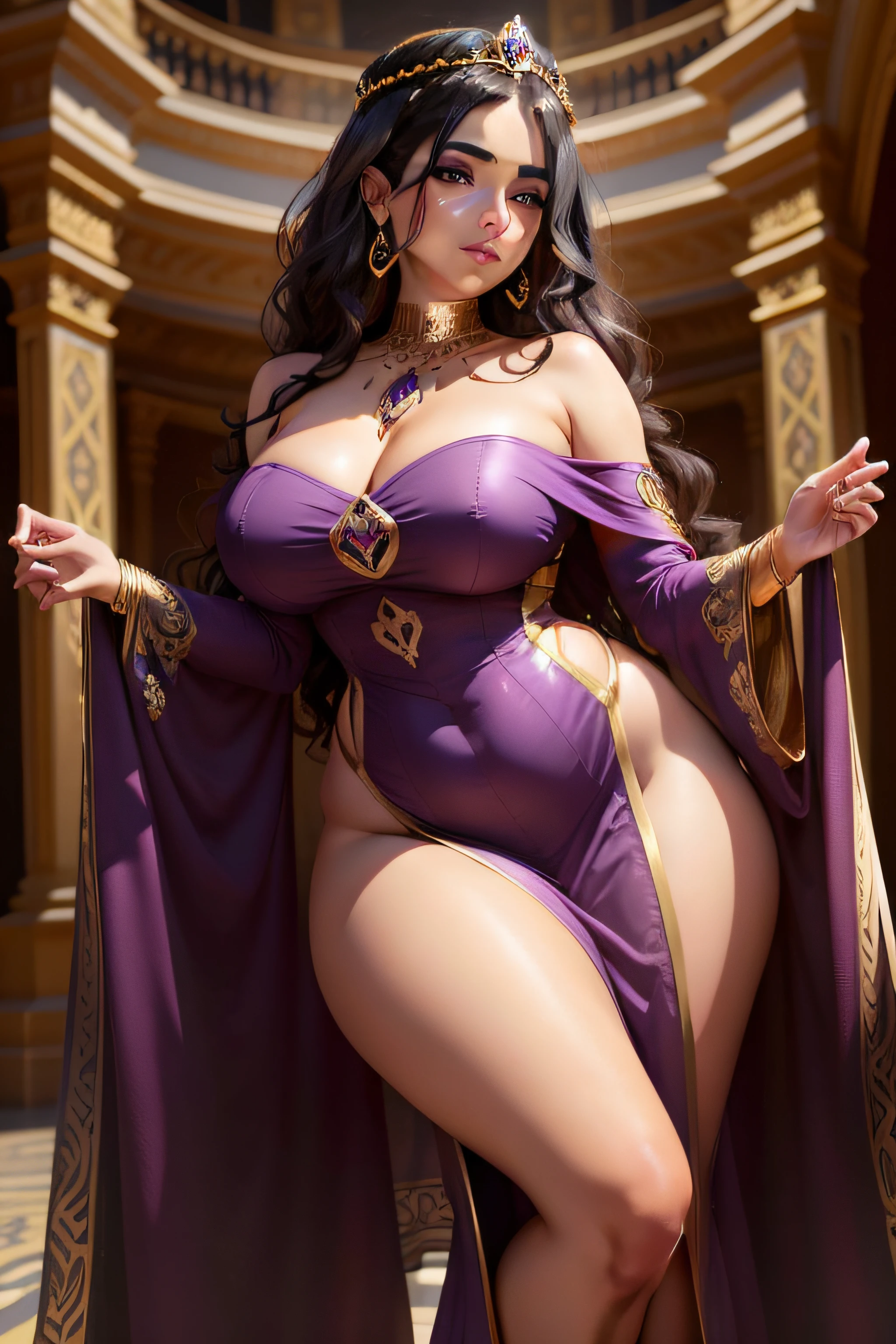 Beautiful woman with black, curly, shoulder length hair, olive skin, bright hazel colored eyes, and a toned but curvaceous figure. She wears a bright purple Byzantine style dress with gilded trim and is adorned with fine golden jewelry. She wears a crown of gold and precious gemstones.