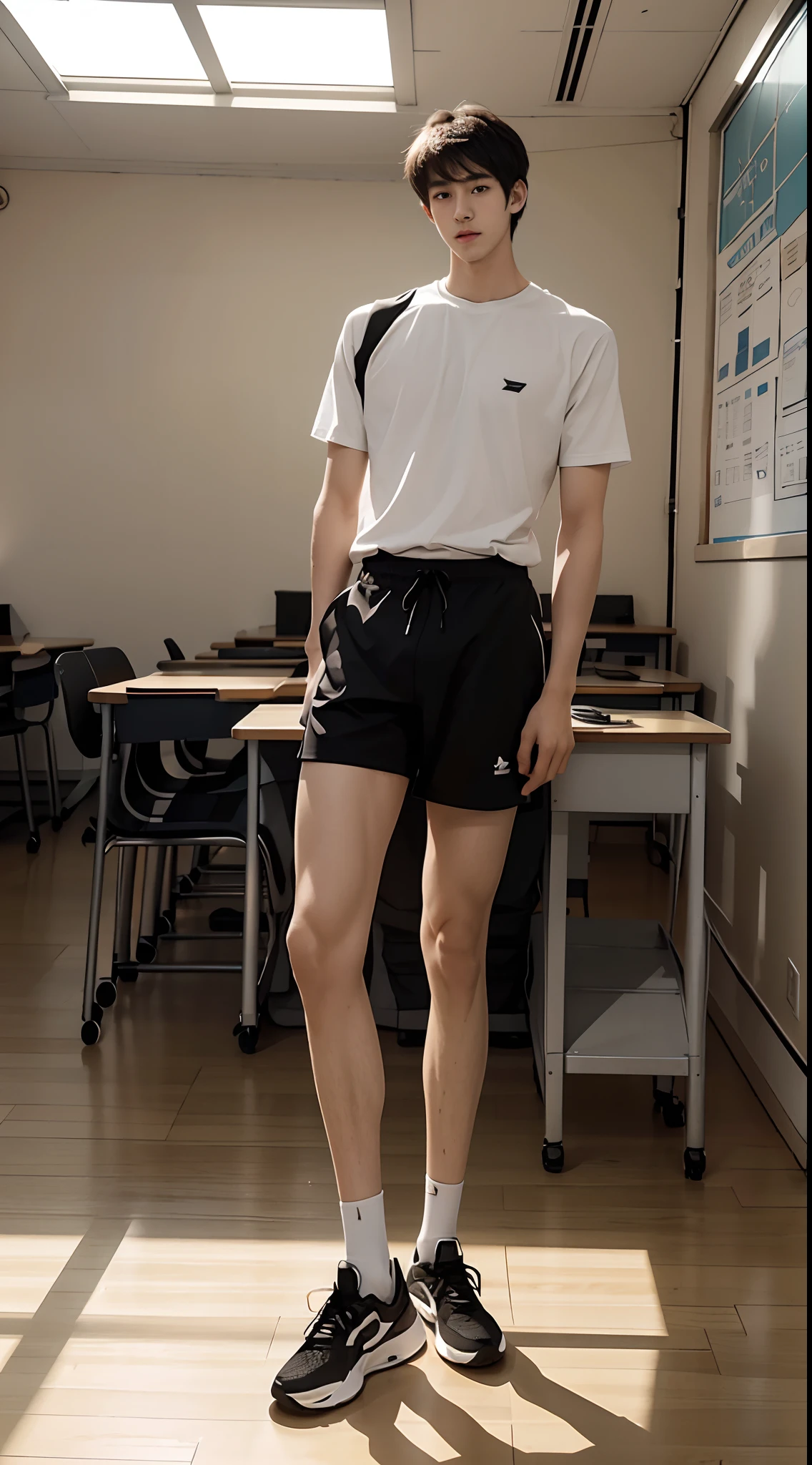 (A -yeld jutands in a classroom),malefocus,Height 200 cm,der riese,Tall guy,broad shoulder,Shota,Round face and pointed chin,(The face of the animated male protagonist),White top,Messy bangs,Eyes widen,orthofacial,ssmile,athletic sneakers。and the sun was shining brightly,Classroom,ultra-realistic realism, (Photorealistic detail), Incredible accuracy, lifelike textures, masterful technique, Jaw-dropping precision, artistic dedication,(anatomy correct),Good lighting,exquisite detailing,Best quality,stunning masterpiece,CG,(Colored screen)