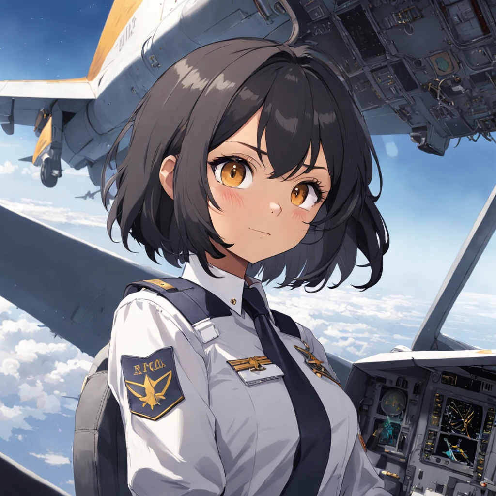 Amid Faux ASI's aviation bliss, a sudden twist upends his life. Escalating conflict leads to his unexpected draft into the Airforce. From the peaceful skies, he's thrust into the cockpit of fighter jets—F-16C for precision strikes, F-22 for air superiority, F-35 for versatile missions, and A-10 for ground support. Under the callsign "Senpai 1-1," Faux must embrace this new role. 1girl, short black bob hair, yellow eyes, Round glasses, tan skin,dark skin ,DARK BROWN SKIN, SHE HAS BROWN SKIN, petite body, wearing plain white formal work shirt, wearing long black pants, business tie, absurdres, high res, ultrasharp, 8k, masterpiece, looking at viewer, cat ears, airline pilot uniform, airline pilot hat, white background, short sleeve, bangs, flat chest, whiskers, androgynous, she has cat ears on her head, she has cat teeth, cloudy background, holding pet black cat, smiling, large round glasses, no airplanes, airplane cabin background, wearing a choker on neck, collar on her neck, F-18 cockpit
