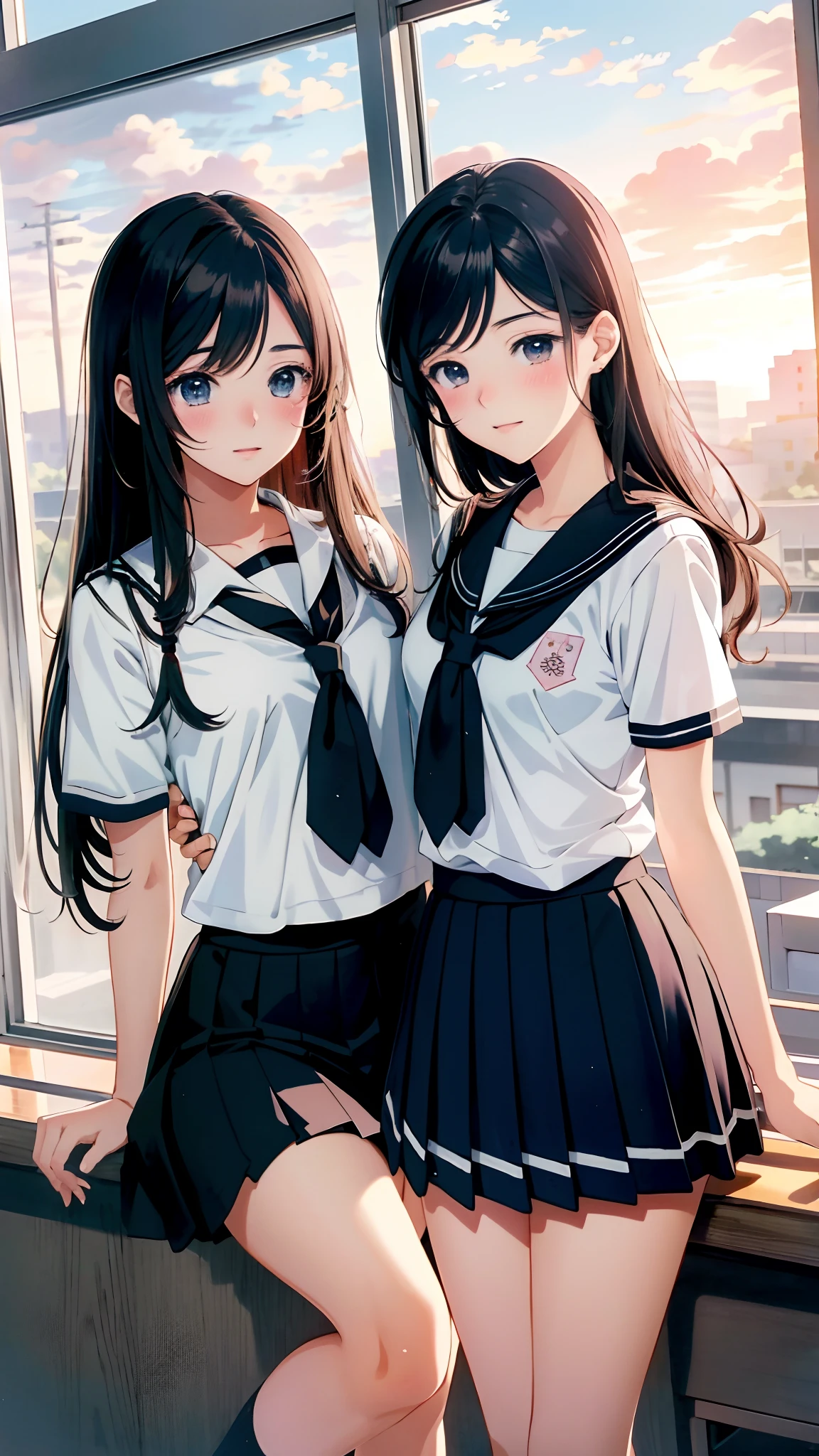 (Best quality masterpiece:1.2) 8K (Detailed shoujo manga style:1.4) 2girls, Beautiful, absurderes, school uniform, Yuri, serafuku, Eye contact, School windows sunset lighting