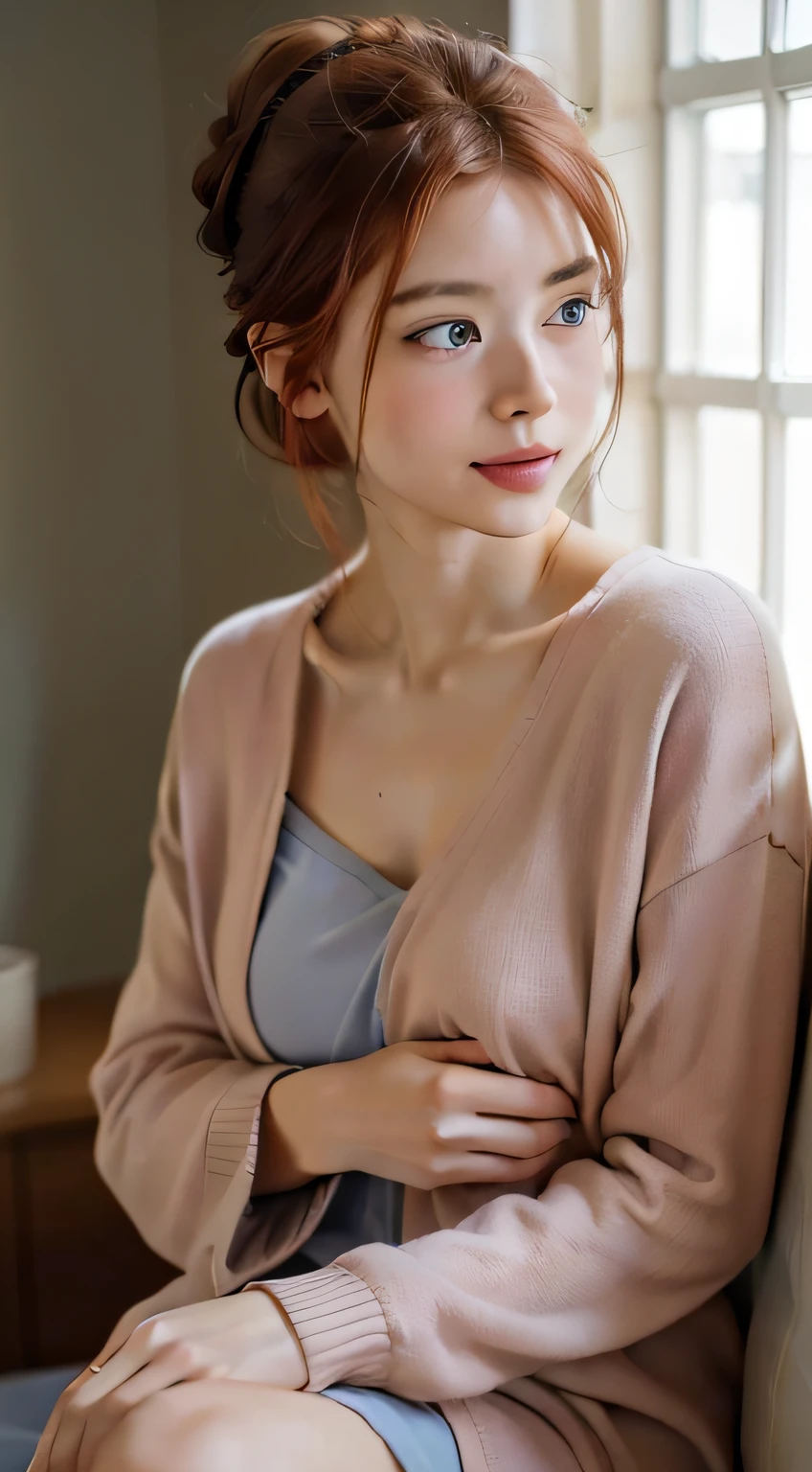 (caring, 6K, high resolution, photo-realistic:1.3), beautiful doctor wrapped in a gentle pink duty coat, (kind blue eyes radiating empathy:1.2), (graceful auburn hair pulled into a professional bun:1.2), seated in a comforting consultation room, (soft colors and soothing decor creating a welcoming atmosphere:1.1), (gentle smile conveying genuine care:1.1), (Canon EOS 5D Mark IV camera, ideal for capturing emotional depth:1.2), (paired with a Canon EF 85mm f/1.4L IS USM lens:1.2), (capturing her compassion with precision:1.1), (emphasizing the comforting medical environment:1.1)
