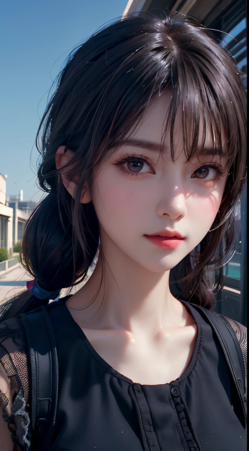 long eyelasher, solid circle eyes, pony tails, Hair is shiny and dark, Black eyes,Delicate faces, surrealism, shadowing, anaglyph, stereograms, angle of view, Atmospheric perspective, 8K, Super detail, ccurate, Best quality,1girll,On campus
