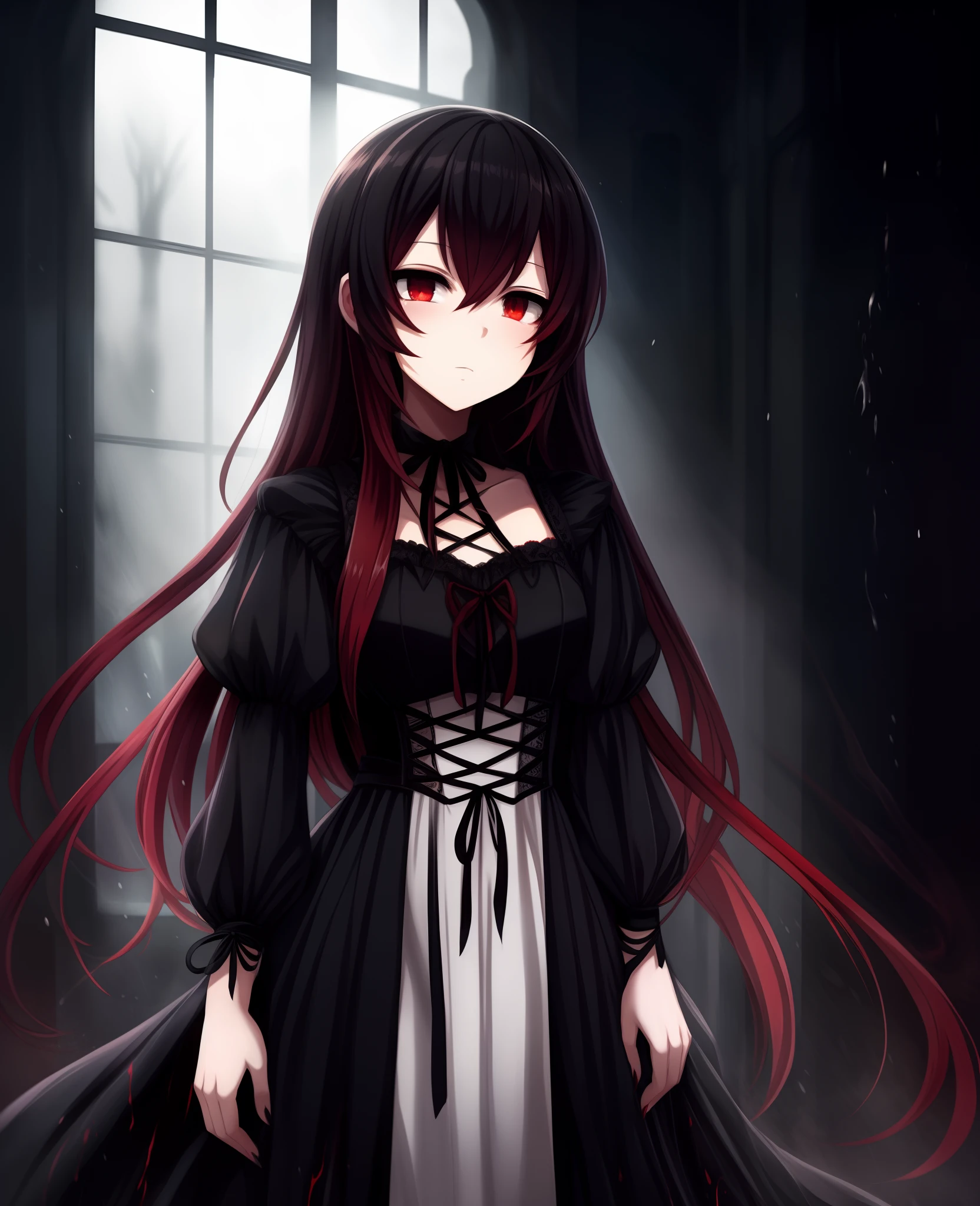 portrait of a beautiful anime girl wearing a gothic dress, in a dark and moody atmosphere filled with white mist, indoor dimlight, (black and red ink splash:1.2)