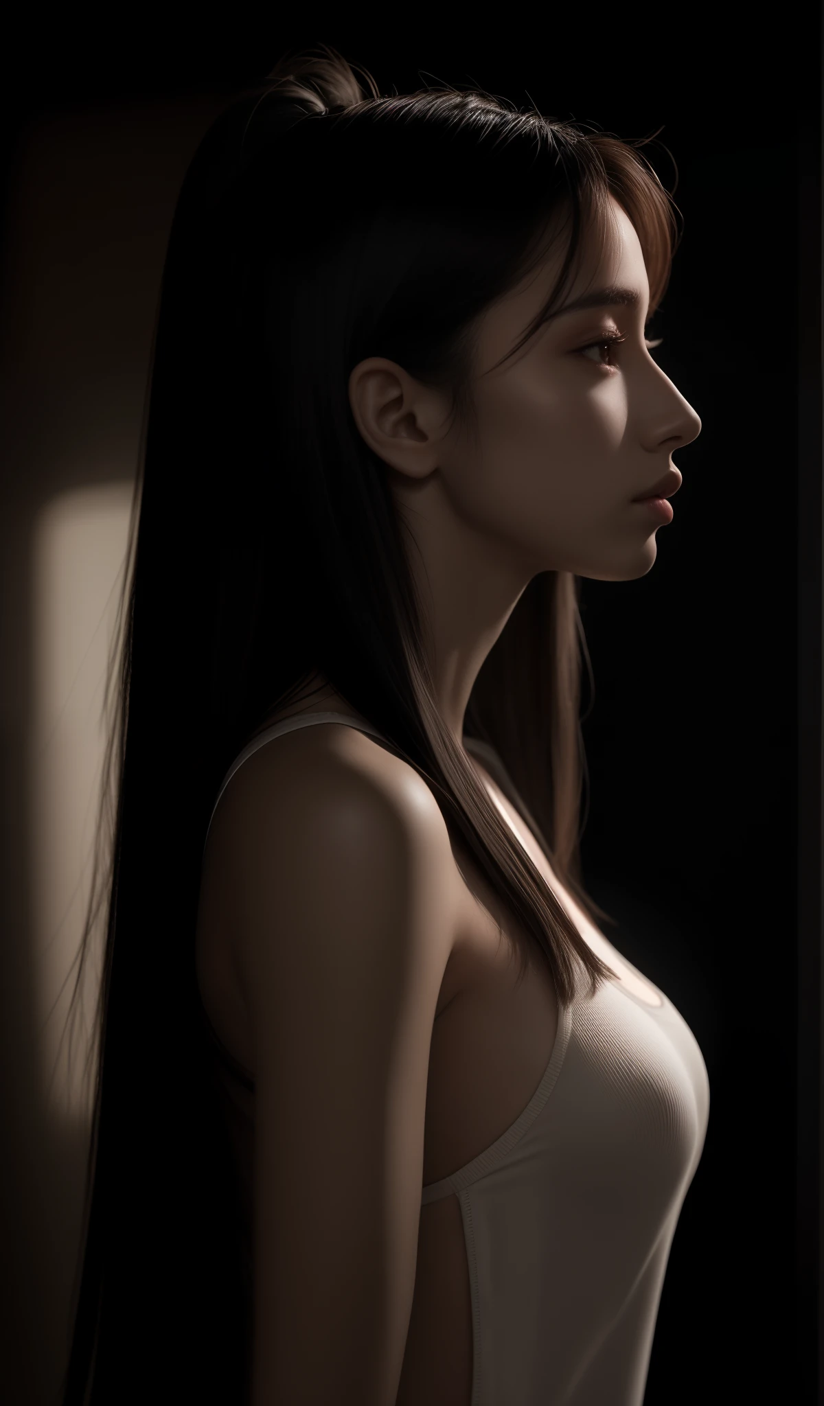 4k, realistic, cinematic, very detail, studio photography, light and shade shot, Low key photo, dark shot,20 yo girl , profile shot, looking above shoulder, shot by side, extreamly dark, Silhouette with rim light, long hair, hair light, 25 years old, white skin,  full body, masterpiece, photorealism, soft light, rim light.