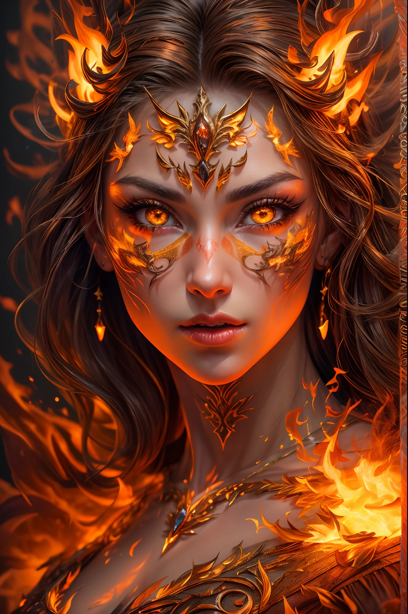 This is a realistic fantasy artwork prominently featuring realistic fire, including wisps of flames, glowing hot embers, subtle curls of smoke, and a beautiful fire druid. The druid stands in the midst of a raging inferno with an interesting composition. Her face is expertly sculpted, with elegant and refined features and perfect shading and realistic skin texture. Her (orange and gold eyes) are stunning and are the focal point of this image. (Her eyes extremely detailed, beautiful detailed eyes, and macro). Her eyes feature intricate detailing with clearly defined irises and bright sclera. Her soft lips are smooth and very puffy, and her skin is adorned with a light flush and ornate fire detailing. Her long gown is stunning and expensive, and is made of pure flames and glittering, ornate jewels that glimmer in the fire light. Her billowing gown glitters from the flames and features a delicately and intricately embroidered bodice with wisps of flames running across it. Include fantasy elements like bumps, stones, fiery iridescence, glowing embers, silk, and an interesting background. Include fiery magical creatures such as fiery birds and fiery butterflies that give off a magical and mystical aura. Lighting: Utilize the latest trends in lighting to enhance the artwork's beauty. Camera: Utilize dynamic composition to create a sense of urgency and excitement. Take inspiration from the current masters of the fantasy genre, including trending artists on Artstation and Midjourney. ((masterpiece))