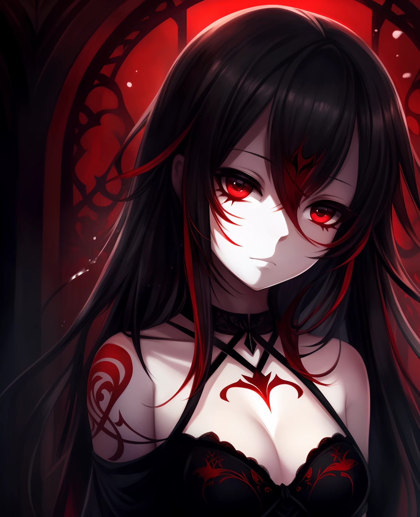 portrait of a beautiful anime girl wearing a gothic dress, in a dark and moody atmosphere filled with white mist, indoor dimlight, (black and red ink splash:1.2)