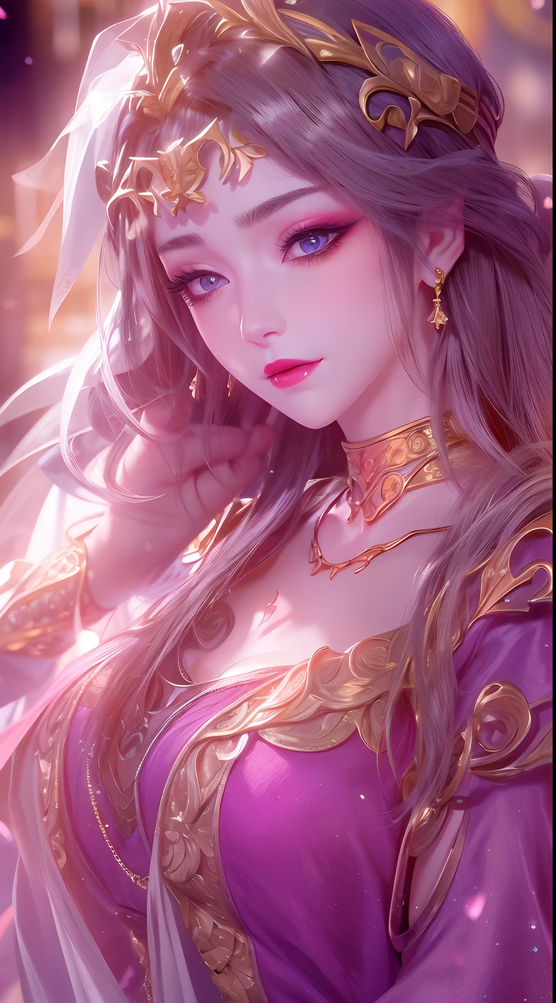 1 20 year old girl, 1 goddess Athena, pink purple silk dress, beautiful goddess Athena face without blemishes, delicate yellow nightgown, long thin sequin nightgown with many sexy black lace details, 1 beautiful thin red silk cloth half veil, female saint legend, female saint icon, beautiful goddess style glitter, dark and mysterious version, vermilion lips, plump red lips, not smiling, mouth closed, delicate and beautiful pino detailing, delicate and beautiful lip detail, , (pure and flawless face: 1.9), female saint body, round chest, big and round breasts, phoenix brooch, long flat bangs, (black long hair: 1.9), flower stickers tattoo on forehead, beautiful clear face and well-proportioned eyes, (light purple eyes: 1.8), (big round eyes and makeup, sexy wet eye makeup, very beautiful and meticulous hair makeup, long and delicate blonde hair, delicate, body image: 1.8), figure: and vivid, (stars that make up the sky: 1.7), (the sky of heaven and the fictitious gate of time and space: 1.8), fictional art, RAW photos, hanfu photos, best photos, high resolution, best quality, best photos, best goddess quality, 8k female, super 8 single saint portraits, truest color schemes, masterpieces, best beauty brands, best hair jewelry, brand real photo, dark studio, border light, two-tone lighting, (rose white skin: 1.4), (high skin detail: 1.1), 8k uhd, d slr, soft light, 8k, high quality, candid, volume Smooth and sharp, 10x pixel increase, sexy goddess, sexy goddess, (background space: 1.8), (most beautiful aurora eyes: 1.7), beautiful eyes, aurora beautiful and flowery, (beautiful single girl: 1.8), (more details:0.8),