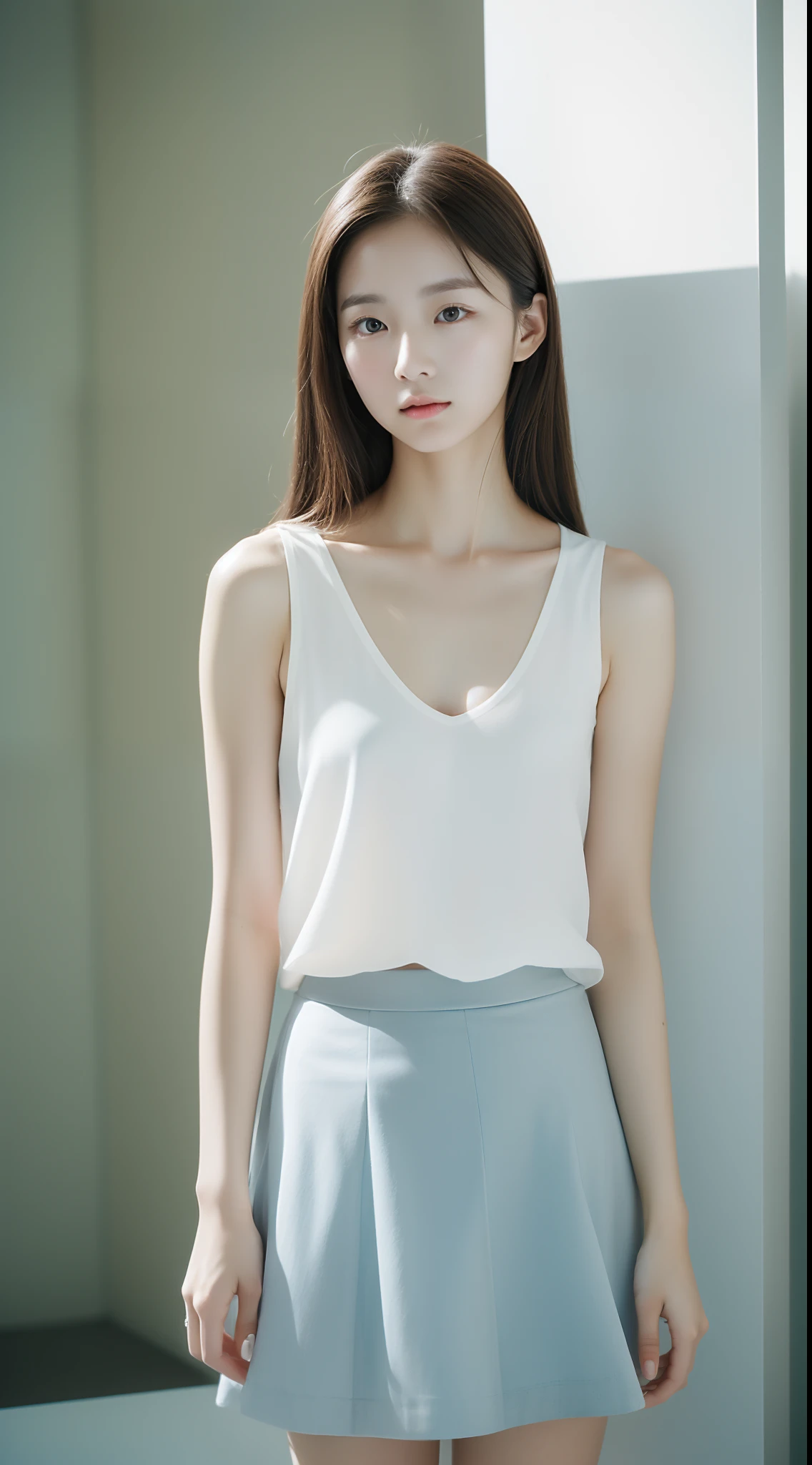 top Quority,Ultra-clear resolution,Clear eyes,plain face,s the perfect face,White skin,Perfect chest,with perfect legs,Random color style skirt,Random environment