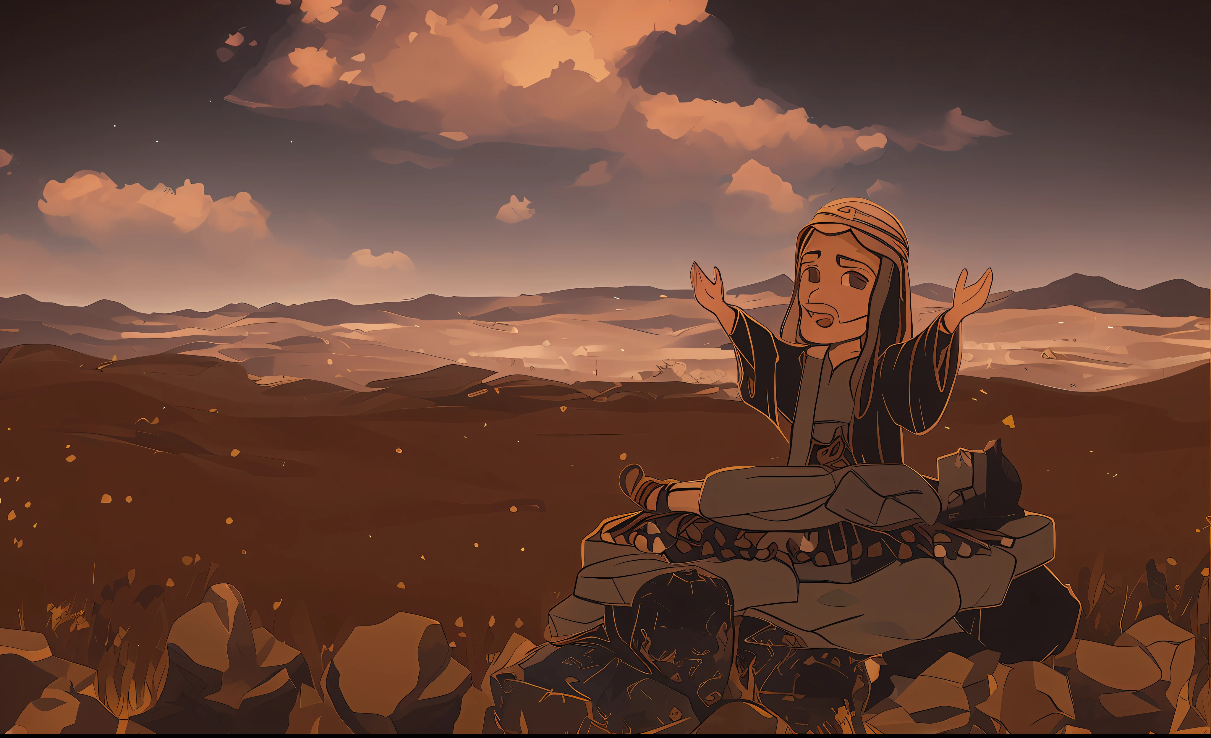 desenho animado de um homem sentado em uma rocha em um campo, bible illustration, animation still, animation movie still, fanart oficial, animado ainda, Papel de parede - 1 0 2 4, bloqueando o sol, an arab standing watching over, animation movie still, cena triste, background is celestial, Rei da Colina, Completo - Ver, stylized digital illustration, Album art, vista ampla