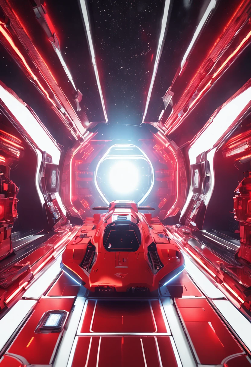 Red spacecraft with white and black, future-tech, glowing neon lights, Realistic details and vivid textures.