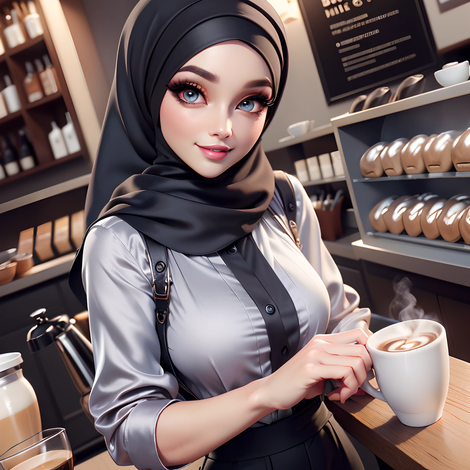 Masterpiece, Best Quality, 3D Rip Artwork, 3DMM Style, Portrait, Realism, a woman beautifully makeup, eyeshadow, Parted Lips, Detailed Eyes, beautiful big eyes, long eye lashes, smile wearing (black satin headscarf), loosely tide hijab style, ((gray satin shirt)), long pants, barista, preparing coffee, coffee house
