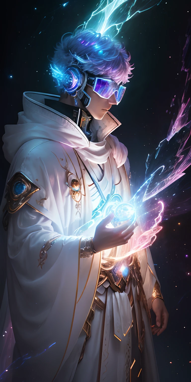 (8k), ultra 8k resolution, Stunning illustration of a splendid celestial, Galactic fragmentation, Ethereal hero, Warrior Prince, (Cyberpunk transparent mask: 1.3), Cosmic glasses (Time machine in your hand: 1.7), Flowing luminous white robe , Explorador celestial emergiendo de un portal, (Obra maestra ultra detallada: 1.7) cinematic lighting
